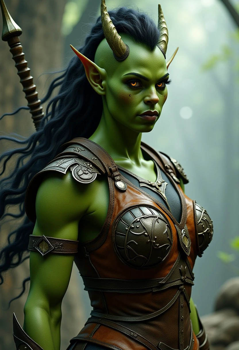 A realistic image of a strong green-skinned orc woman warrior in a fantasy world.