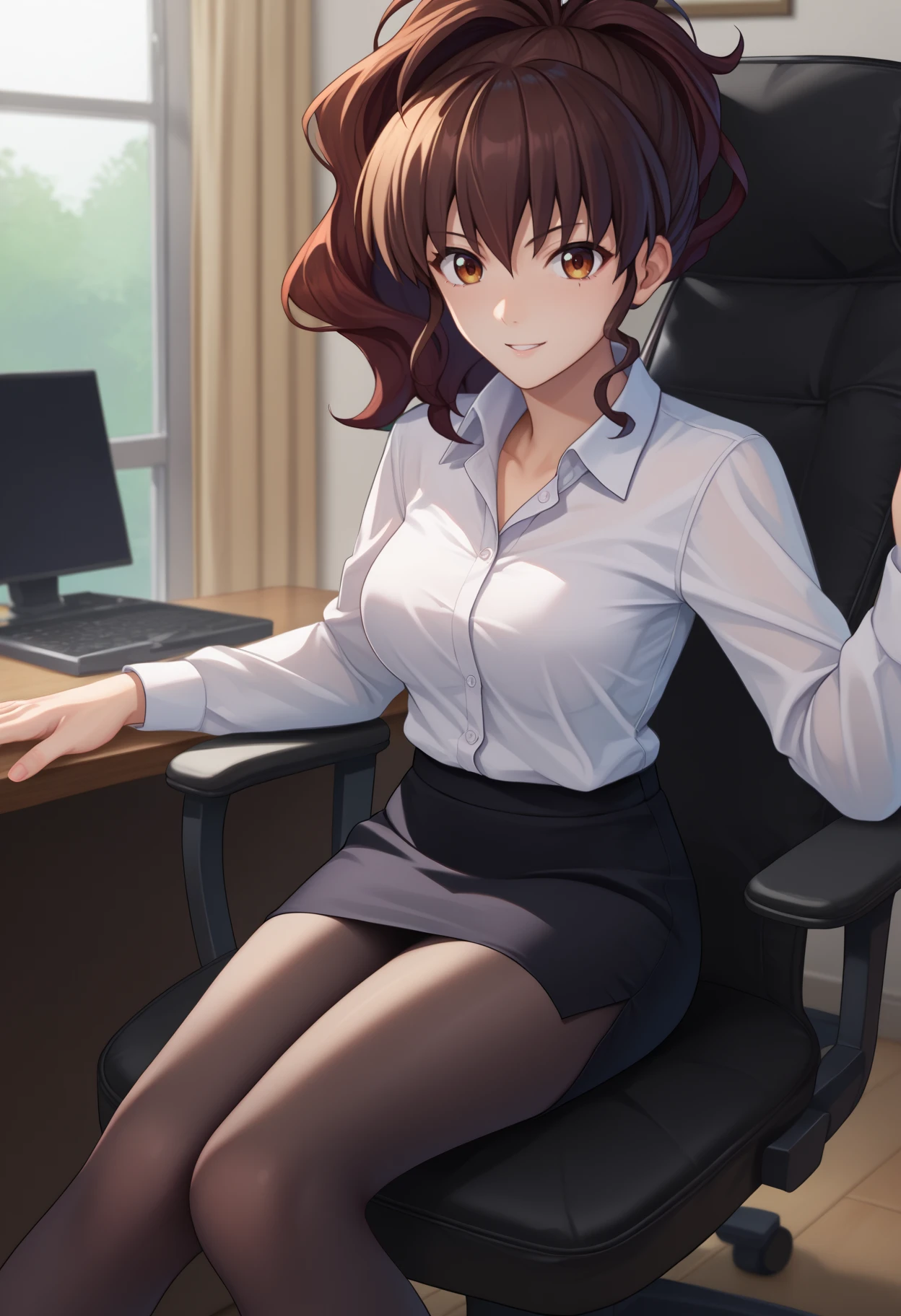 score_9, score_8_up, score_7_up, source_anime, <break> solo, 1girl, ushiromiya natsuhi, light smile, looking at you, sitting, swivel chair, ponytail, white shirt, collared shirt, black skirt, pencil skirt, black pantyhose, medium breasts, indoors, office
<segment:yolo-face_yolov8m.pt,0.4,0.5//cid=1>