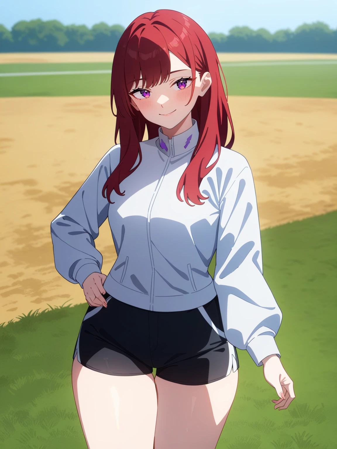 <lora:Cyberpunk_Edgrerunners-DoRA_V1:0.85>
very aesthetic, newest, best quality, masterpiece, absurdres, 1girl, long hair, red hair, purple eyes, smile, white jacket, black shorts, looking at viewer, cowboy shot, field