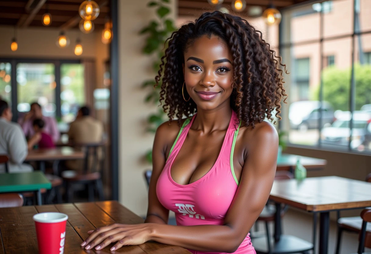 (masterpiece), best quality, expressive eyes, perfect face, dark brown eyes, natural b cup breasts, cute, yandere, mental health professional, 29-year-old Black American woman, very dark brown skin, at an outdoor eating establishment, sitting across from viewer in pink and green workout clothes, winking and smiling at viewer