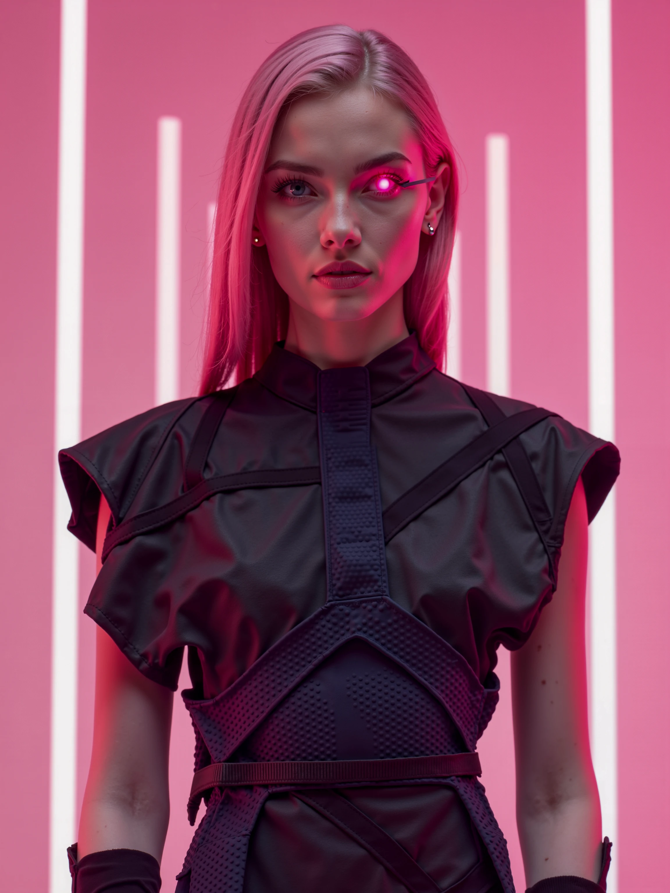 In a futuristic, neon-soaked world with soft pink tones, a woman stares directly into the camera, her expression a mix of defiance and calm. The scene is highly stylized, with a cyberpunk edge, blending high-fashion elements with futuristic, robotic modifications. Her sleek Demobaza outfit complements the high-tech, cybernetic vibe of the image, while her bold pink hair and glowing, enhanced eyes make her feel both human and machine. The image feels like a snapshot from a futuristic fashion magazine, capturing a moment of cool, calculated elegance.

Outfit (Demobaza-inspired): The woman wears a structured, futuristic Demobaza outfit that fuses sharp, architectural lines with soft, textured elements. The top features a high neck and asymmetrical panels that curve across her body, made from a mix of matte black fabric and metallic accents. The sleeves are long and fitted, with subtle geometric cutouts along the arms, revealing hints of her skin and adding depth to the design. The outfit hugs her figure closely, blending avant-garde fashion with utilitarian functionality. Small, tech-inspired details like metallic zippers and angular seams give the outfit a cyberpunk edge, perfectly complementing the high-tech, futuristic world she inhabits.

Pose: She stands upright, facing the camera head-on with an unwavering, confident gaze. Her posture is relaxed but poised, with one shoulder slightly tilted forward, giving her a subtle, off-center stance that adds dynamic tension to the image. Her hands rest lightly by her sides, fingers slightly curled as if she's ready to move, but for now, she's frozen in this moment of stillness. Her head is tilted slightly down, creating a dramatic shadow under her chin that enhances the sharp angles of her face. The calmness in her pose contrasts with the intensity of her cybernetic modifications and glowing eye, making her feel simultaneously human and machine.

Face & Makeup: Her makeup is minimal but striking, with a focus on clean lines and subtle, futuristic details. Her skin is smooth, with a pale, almost porcelain-like quality, enhancing the cool pink glow of the overall scene. Thin, graphic eyeliner extends from the corners of her eyes, drawing sharp wings that add a hint of edginess to her look. Her lips are painted a soft, matte pink, complementing the neon tones around her, while a slight metallic sheen on her cheeks adds dimension to her otherwise matte skin. The most striking feature is her cybernetic enhancements: beneath her eye, robotic lines and metallic elements are fused seamlessly with her skin, glowing faintly in soft hues of pink and red. Her right eye glows neon pink, a futuristic enhancement that contrasts with the softness of her expression, making her feel like part of a high-tech, dystopian future.

Lighting: The lighting is soft yet vibrant, with a warm pink glow that envelops the scene, giving her skin a subtle, rosy tint. Neon lights from the background cast soft highlights across her face, enhancing the smoothness of her skin and the sharpness of her Demobaza outfit. The pink tones of the light reflect subtly off her cybernetic implants, giving them a soft metallic sheen. Shadows are minimal but strategically placed to accentuate the angular elements of her face and the architectural lines of her outfit. The overall lighting feels diffuse and futuristic, with a neon pink hue that fills the entire scene, creating a dreamy, cyberpunk atmosphere.

Camera Position: The camera is positioned at eye level, slightly zoomed in for a close-up shot, capturing the details of her face and upper body in sharp focus. This angle enhances the intensity of her gaze, making her glowing eye the focal point of the image. The wide frame also allows the viewer to take in the intricate details of her Demobaza outfit, the cybernetic enhancements on her face, and the soft, futuristic background. The camera’s perspective makes it feel like she’s looking directly at the viewer, creating a sense of intimacy and connection, as though she's challenging the audience to meet her gaze.

Mood: The mood is futuristic, cool, and detached, with a sense of quiet confidence radiating from her pose and expression. The mix of soft, neon pinks and sharp, cyberpunk elements creates a visually striking contrast, blending high fashion with technological dystopia. The woman’s calm demeanor, combined with her intense cybernetic modifications, suggests she’s at home in this futuristic world—both beautiful and powerful, human and machine.