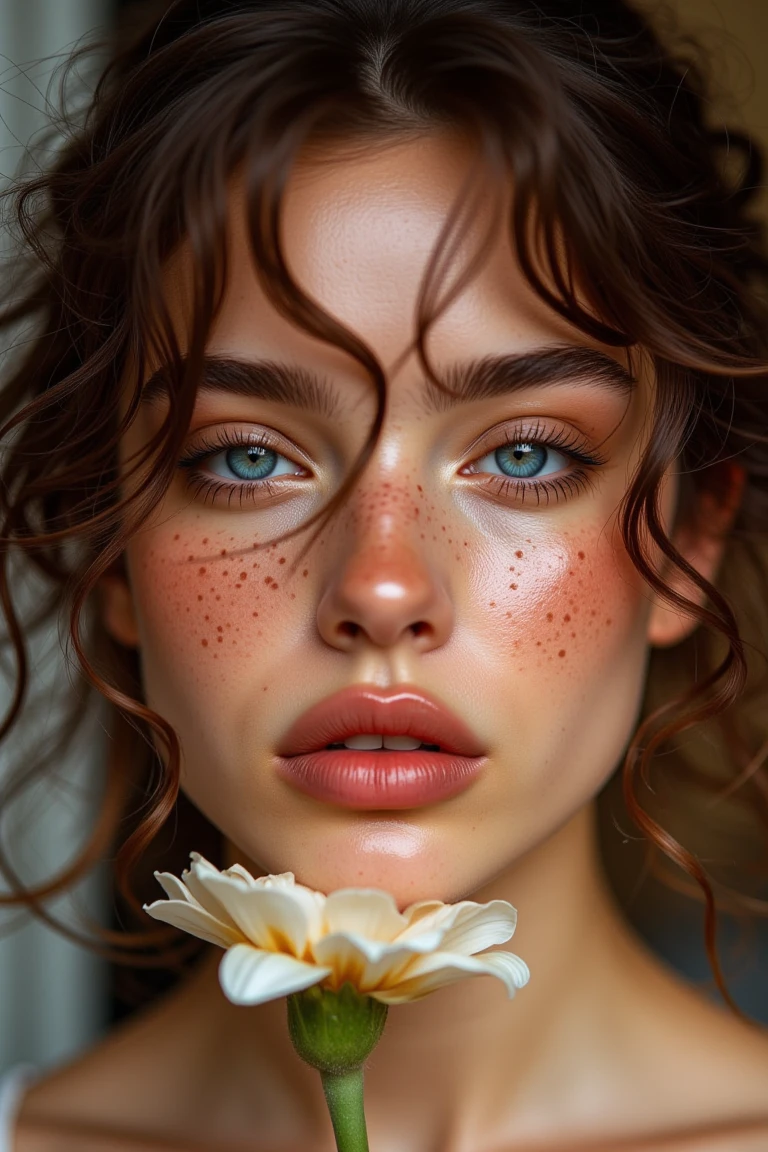 1girl, solo, freckles, flower, looking at viewer, parted lips, lips, brown hair, realistic, blue eyes