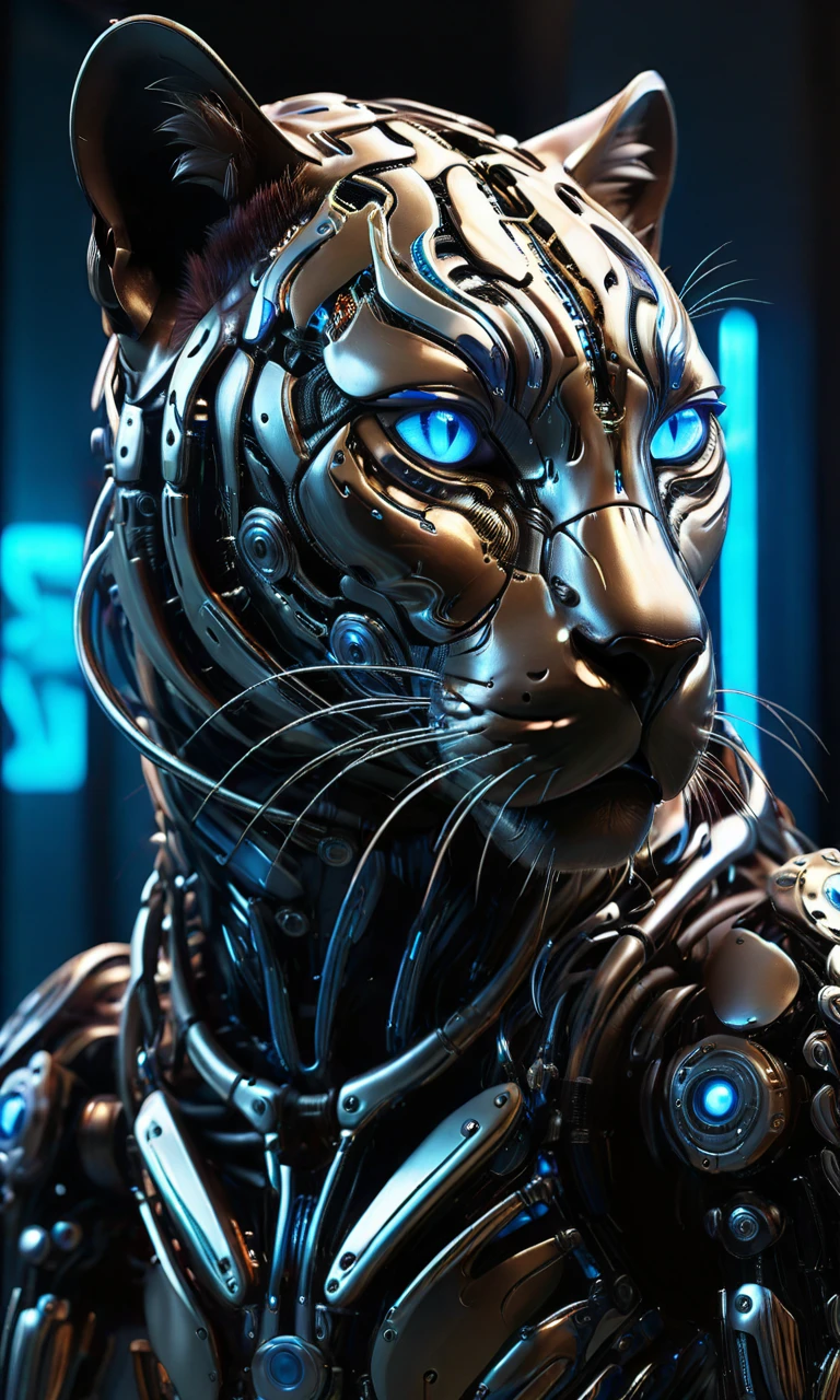 <lora:biomaniod:0.6>,xsbio,mid-shot portrait of a cybernetic panther::2, glowing blue eyes, sleek mechanical body::3, cyber implants integrated into fur, neon lights reflecting off metallic surfaces, moody lighting, detailed cyberpunk background, 4K resolution,