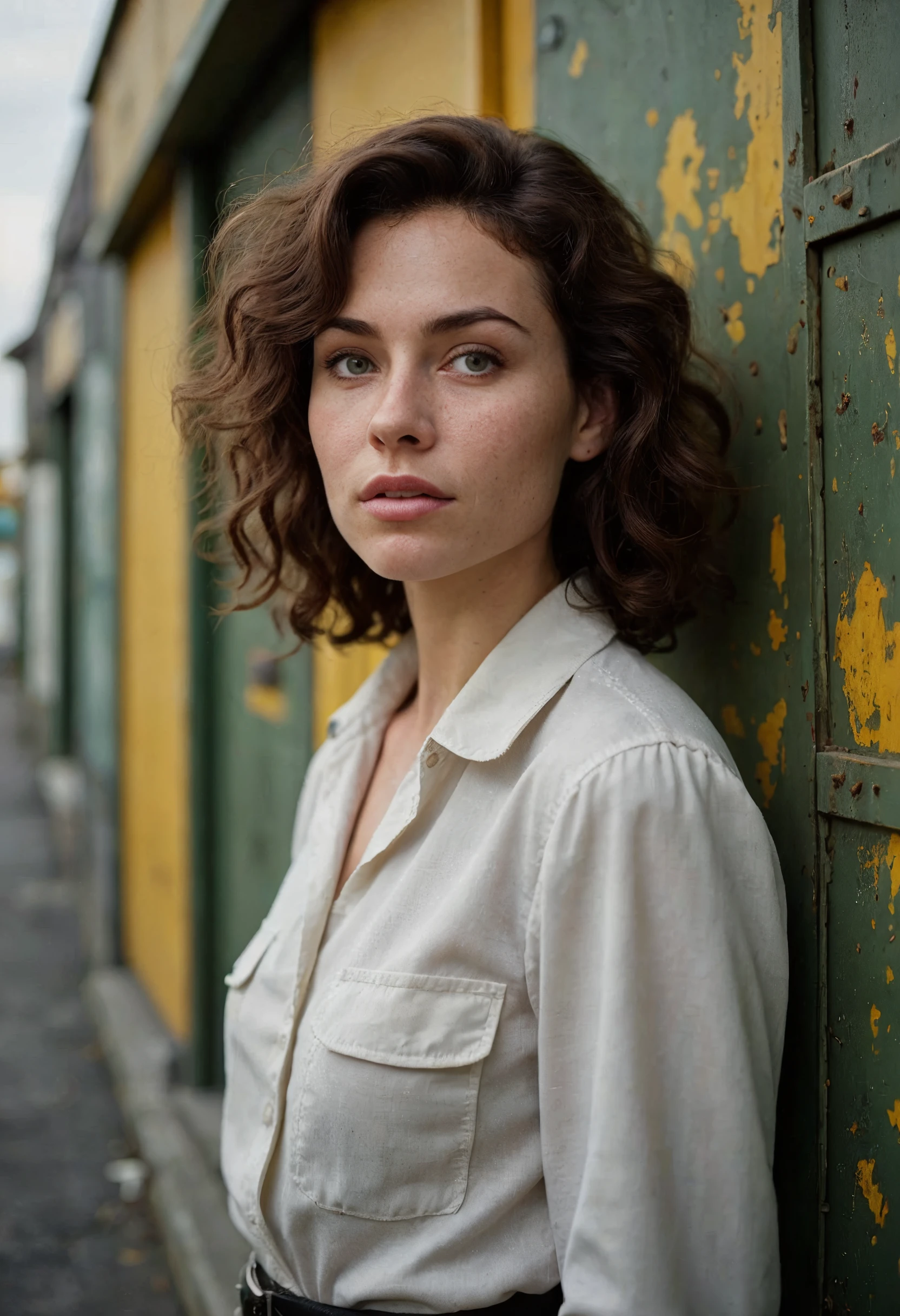 A Vogue-inspired portrait of a beautiful Caucasian woman with a curly hair, brown hair, and blue eyes, standing with a relaxed, almost casual posture in front of a wall of brightly colored military equipment in Japan, captured with a Canon EOS 5D Mark IV and a wide-aperture lens like the Canon EF 50mm f/1.2L USM, using volumetric lighting for soft, ethereal shadows and highlights, creating a close-up shot emphasizing her captivating gaze and elegant style in the manner of Oleg Oprisco, with a shallow depth of field, drawing inspiration from the atmospheric lighting techniques of Max Caulfield, to embody the essence of a Vogue photoshoot, highlighting the woman's effortless beauty and captivating charm.