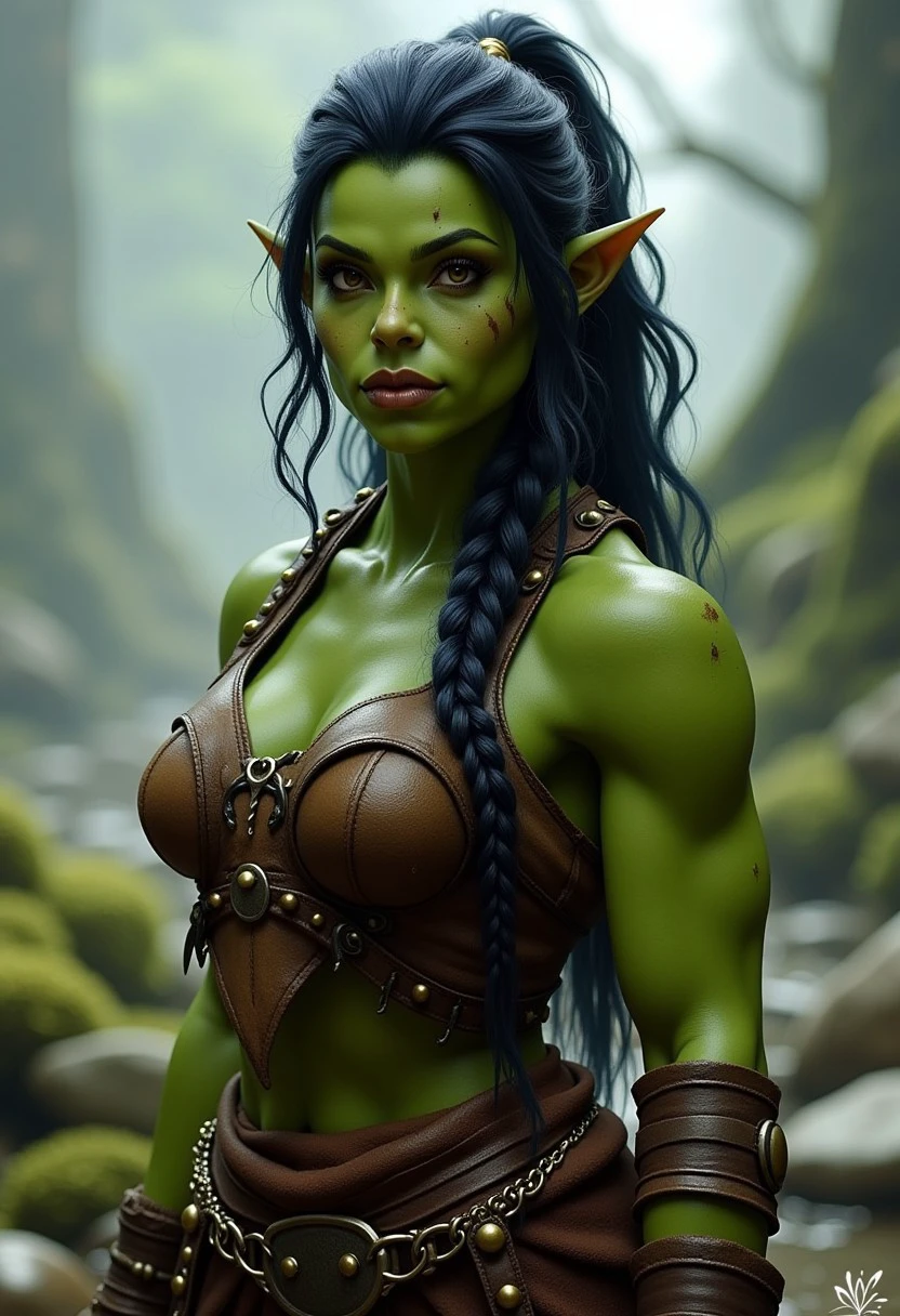 A realistic image of a strong muscular green-skinned orc woman barbarian in a fantasy world.