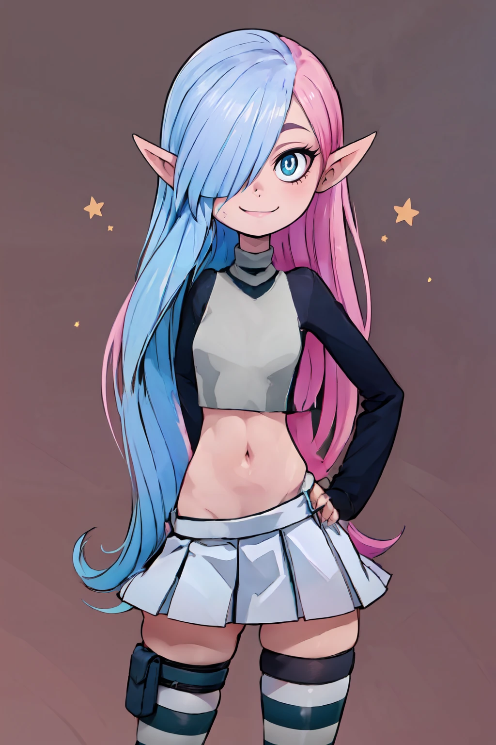 ((masterpiece,best quality)), absurdres,  BREAK, , <lora:Astra_v5:0.7>,   zzAstra, aqua eyes, star (symbol), symbol-shaped pupils,  very long hair, two-tone hair, striped, hair over one eye,  blue hair, pointy ears, long hair,  pink hair,    pleated skirt, hand on hip, thigh strap, turtleneck, striped thighhighs,  , BREAK, hip to the side, hand on hip, contrapposto,, BREAK, solo, smile, looking at viewer, cowboy shot, (side view, ass, wide hips, curvy)