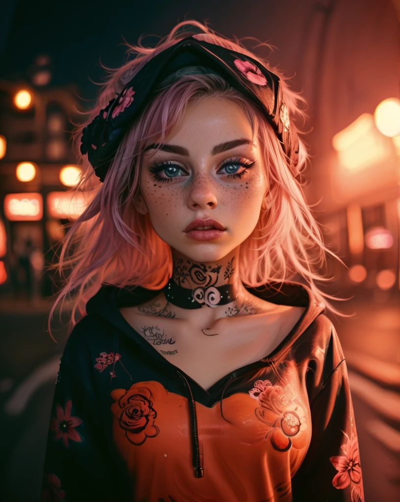 1girl, black legwear, bodypaint, burning, collar, freckles, hat flower, hood down, long hair, looking at viewer, makeup, moon, pink hair, solo, street_art_portrait, tattoo
<lora:Street_Art_Portrait:0.9>  (street_art_portrait:1.5)
 <lora:LCM_LoRA_Weights_SD15:1>