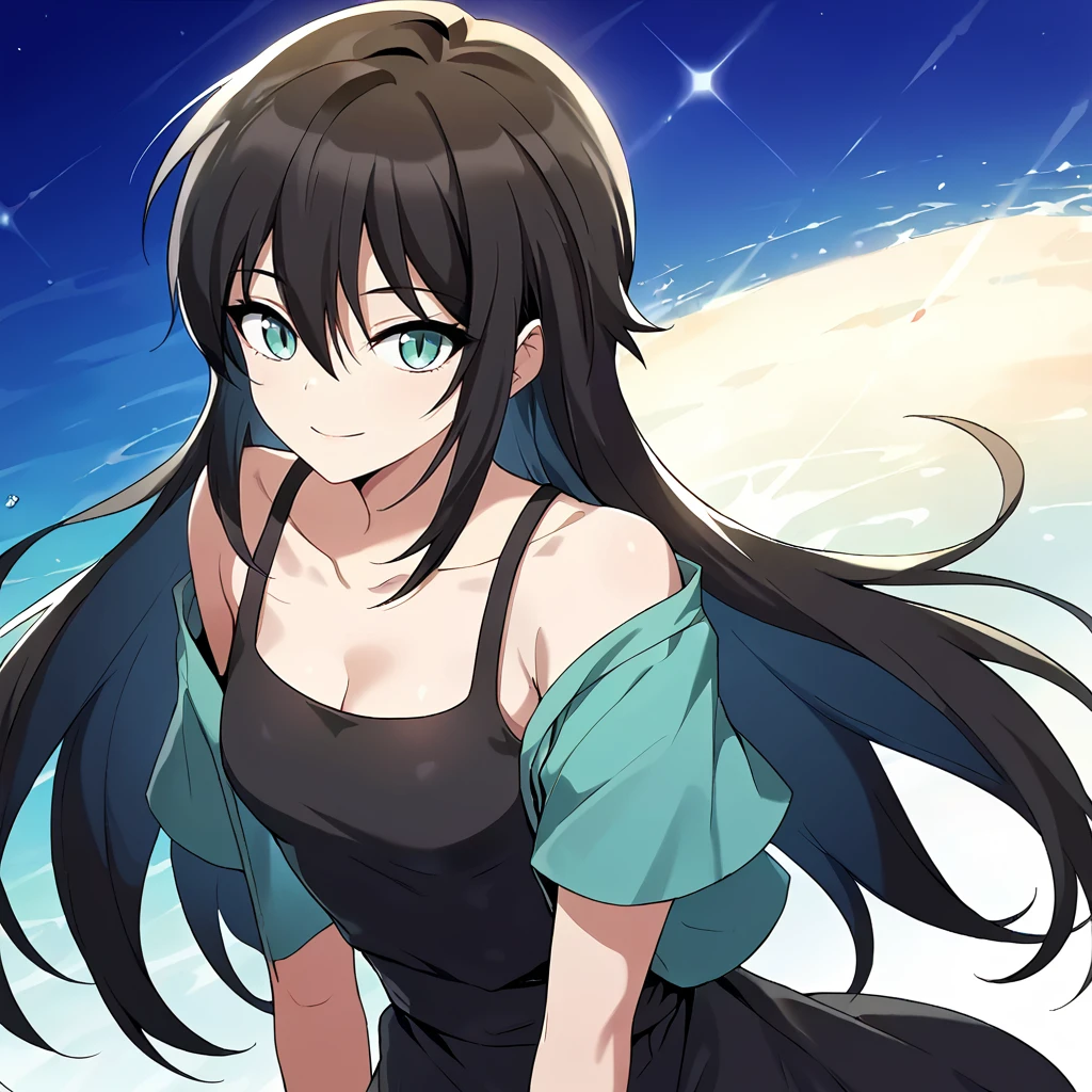 1girl, solo, rurin, long hair, black hair, aqua eyes, slit pupils, hair between eyes, bangs,  collarbone, small breasts, cleavage, bare shoulders, dress, green jacket, open shirt, short sleeves, black dress, black tank top, looking at viewer, cowboy shot, smile, 
score_9, score_8_up, score_7_up, masterpiece,
 <lora:Rurin_r1:0.8>