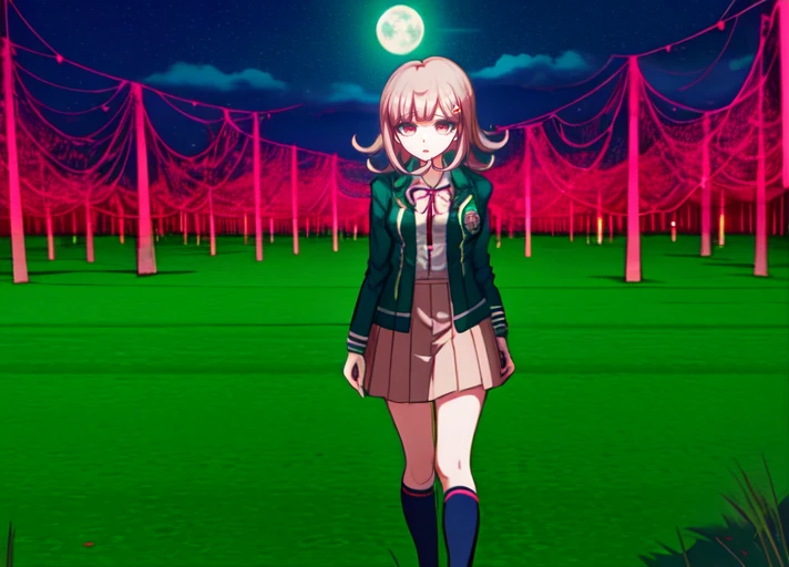 solo  , <lora:goodhands:0.7>, <lora:Chiaki_Nanami_SD15:1>, danganronpa sprite style, Chiaki Nanami, Danganronpa 3 uniform, brown blazer, cream hooded cardigan, dress shirt, pink ribbon, short dusty pink hair, Galaga hairpin  , prideful expression ,  (masterpiece, best quality), depth of field, cinematic composition, colorful, shrine, torii, (spiderweb:1.2), lanterns, long grass, night, moon, starry sky, unnatural lighting, ominous, creepy, sinister, (green and neon red color scheme:1.1)