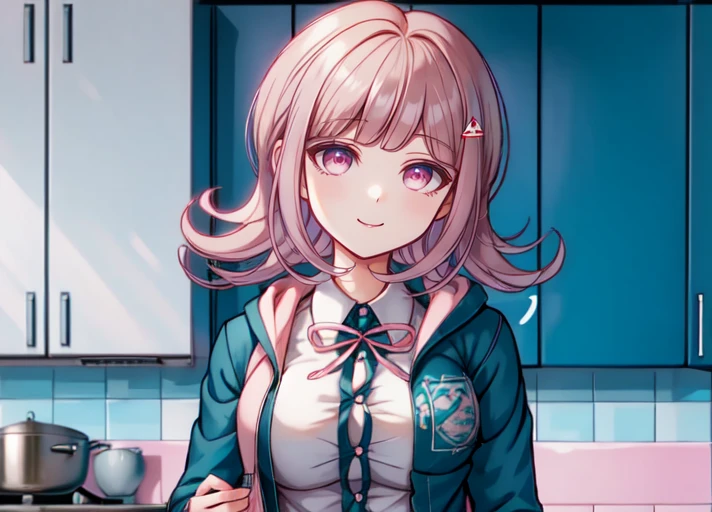 solo  , <lora:goodhands:0.7>, <lora:Chiaki_Nanami_SD15:1>, danganronpa sprite style , Chiaki Nanami, Danganronpa 2 uniform, white button-up shirt, dark teal-gray front placket, light pink ribbon, bow, pale beige pleated skirt, dark teal-gray hooded cardigan, gray horizontal lines, Hope's Peak crest, short dusty pink hair, curls outwards, parted to the right, white Galaga hairclip, large sleepy-looking blossom pink eyes,  medium length hair  , loving expression ,  indoors, kitchen, stove, looking at you, smile