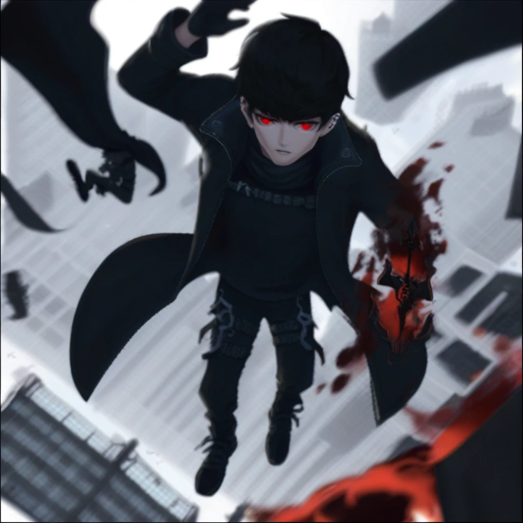 parted lips, piercing, sky, medium hair, falling, moon, glowing, man, black details, gloves, shoes, open clothes, black jacket, black pants, shirt, standing, white background, multiple boys, black clothing, black suit, boots, black border, depth of field, edge, weapon, city, holding, male, hand up, kain, long sleeves, jewelry, boy, blood red eyes, edgy, looking at viewer, 1boy, black scarf, black shirt, hellfire eyes, black coat