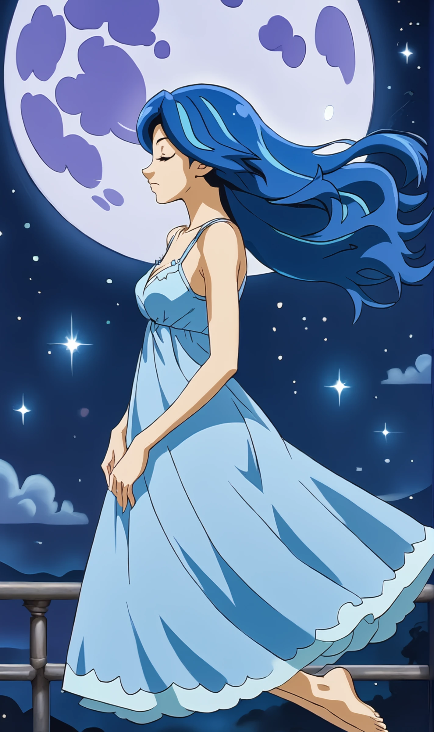 BA, 1girl, solo, blue hair, long hair, closed eyes, long nightgown, from side,  floating, moonlight, giant moon background, night, sparkles, stars, <lora:Blue Angel Pony XL:0.8>