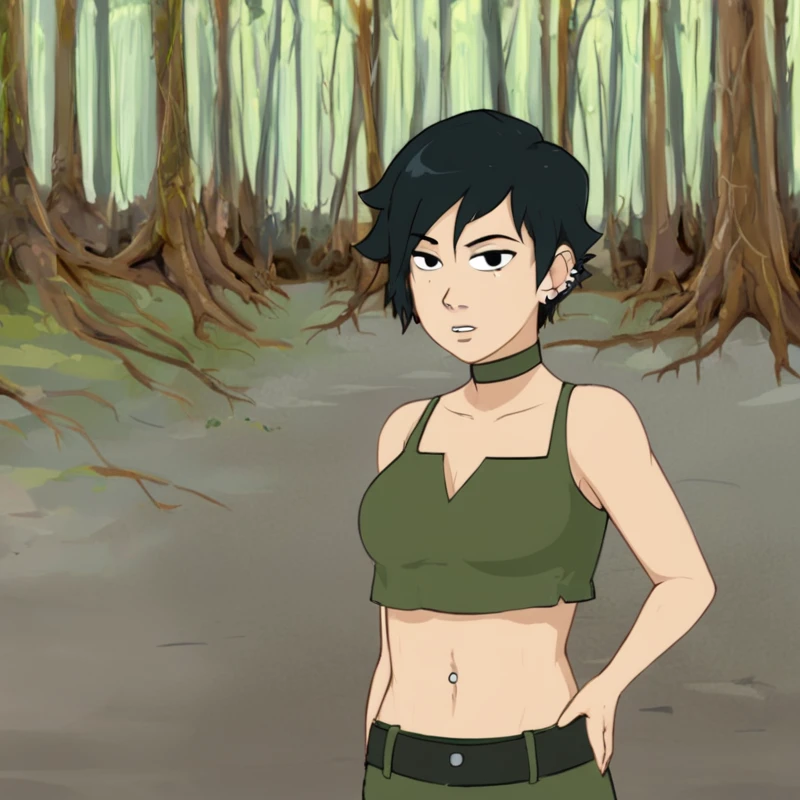 outdoor, forest ,  <lora:four_element_trainer:1> mity style, (1girl, tomboy, crop top, booty short, choker, ears piercings, makeup,  black hair, black eyes, short hair)