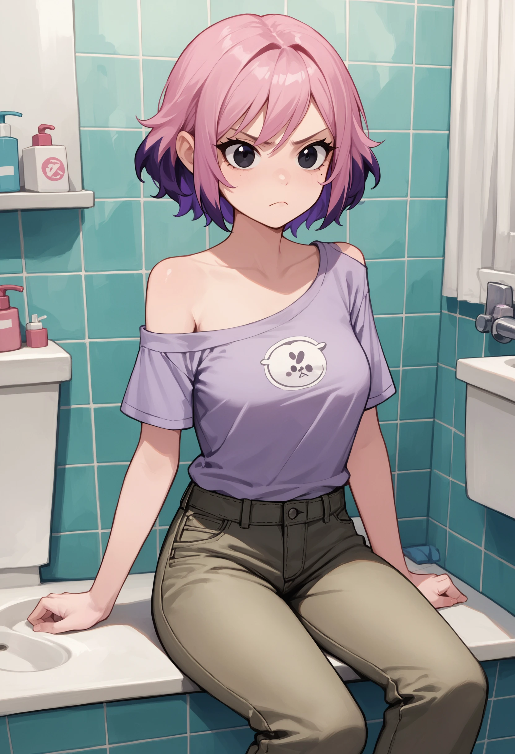 zPDXL3, score_9, score_8_up, score_7_up, score_6_up, score_5_up, score_4_up, 
1girl, medium breasts,
off-shoulder shirt, cargo pants,
frown, sitting,
bathroom,
<lora:Scott Pilgrim TO - Ramona v1:0.6> spramona, ramona flowers, two-tone hair, pink hair, purple hair, black eyes, solo,