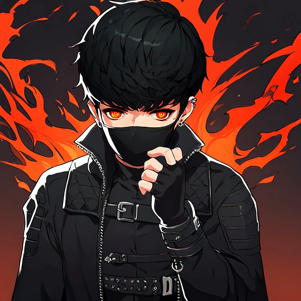 male, 1boy, man, boy, solo, Kain, Kain MapleStory, black hair, hellfire eyes, red eyes, orange eyes, blood red eyes, perfect, light skin, piercing, ear piercings, black mask, black face mask, face mask, fingerless gloves, black jacket, black shirt, black clothing, black boots, black footwear, black fingerless gloves, black cape, perfection, solo, flawless, detailed faced, detailed eyes, detailed, good art, best quality, highest, quality, good anatomy, perfect anatomy, masterpiece, beautiful, insanely detailed, anime, well-drawn, perfect hands, BREAK, score_9, score_8_up, score_7_up, score_6_up