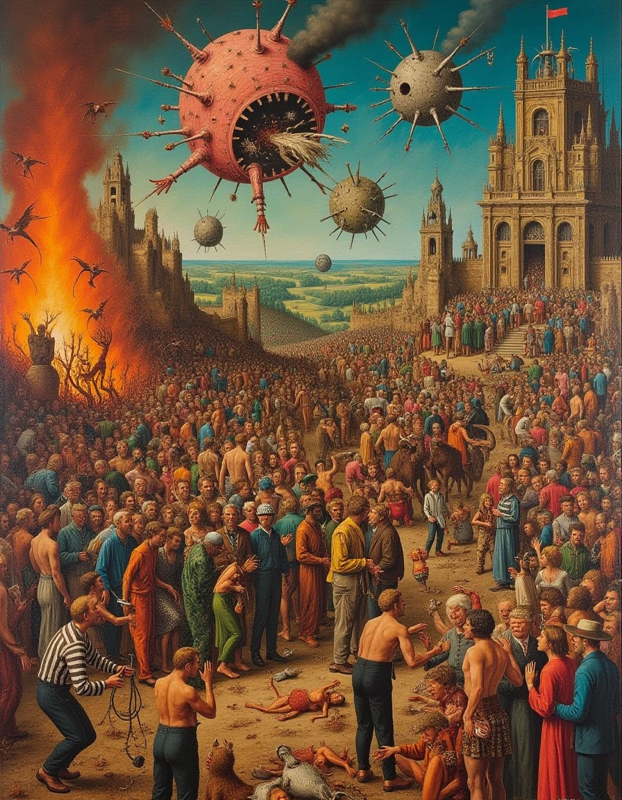 <lora:Wheres_Hieronymus_V3:1>  realistic painting, highly detailed and sharp, multiple groups of people in hell, pain wheels, strange building, flying creatures in the sky, strange creatures torture people, somewhere in the painting where's waldo is hiding slightly out of view wearing a horizontal stripped shirt and hat, glasses.