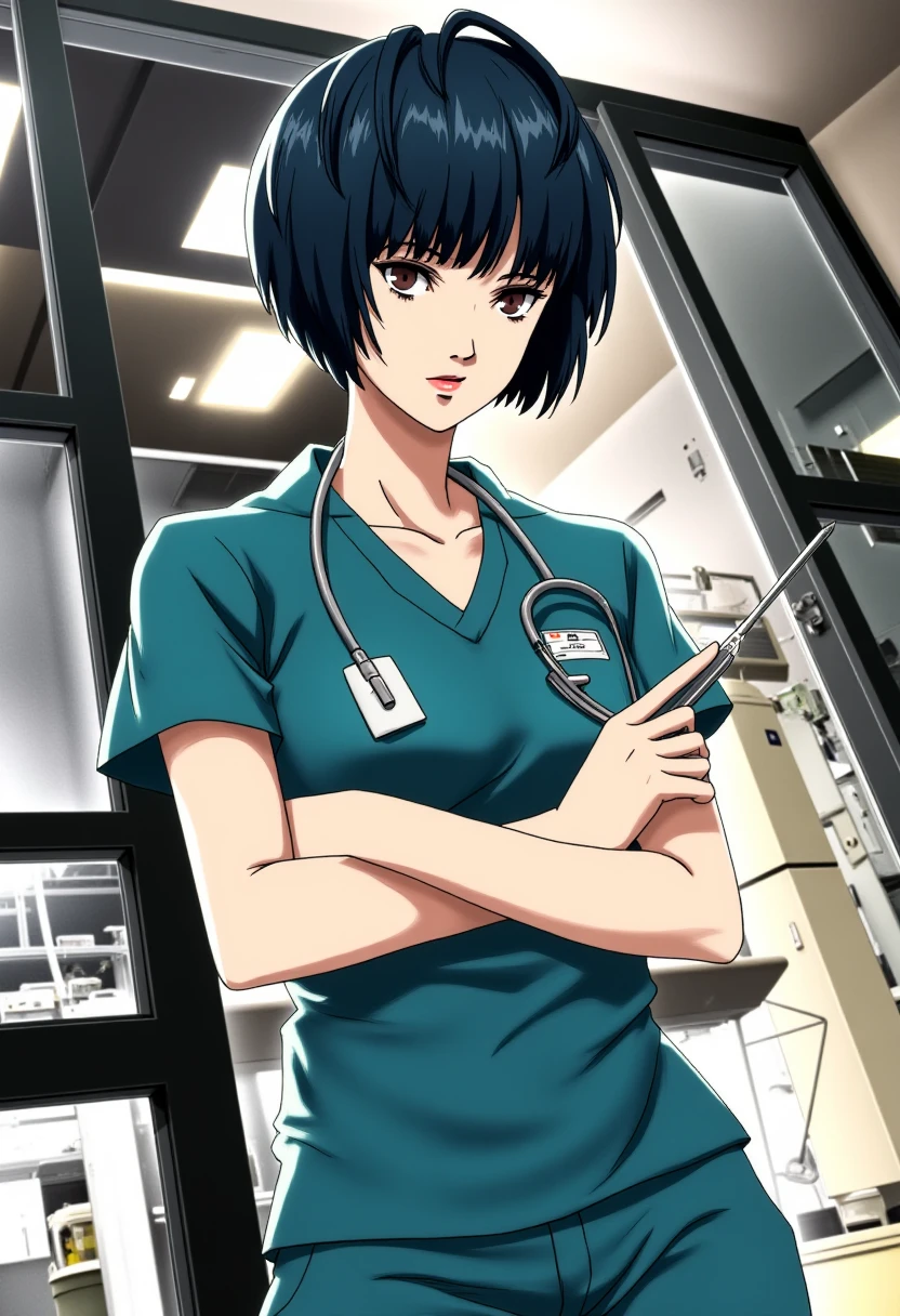 Anime style, sharp, high contrast and highly detailed. Ghibli anime style. Perfect anatomy. Perfect body ratio. No oversized head. No blurry, out of focus pictures. No simple background, no single color background.
A beautiful female doctor takemi_tae. She is standing in front of a hospital operating room entrance. She wears a surgical scrub, with arms folding in front of her chest. She is looking at the camera with a professional yet slightly haughty look. In the background, inside the operating room, there is a large shadowless light on the ceiling, and operating table and other medical equipment.
She is holding a syringe with a sharp needle. She is looking at the camera with a slightly haughty look.
She is 154 cm, cowboy shot.
 <lora:Tae Takemi_epoch_5:1>