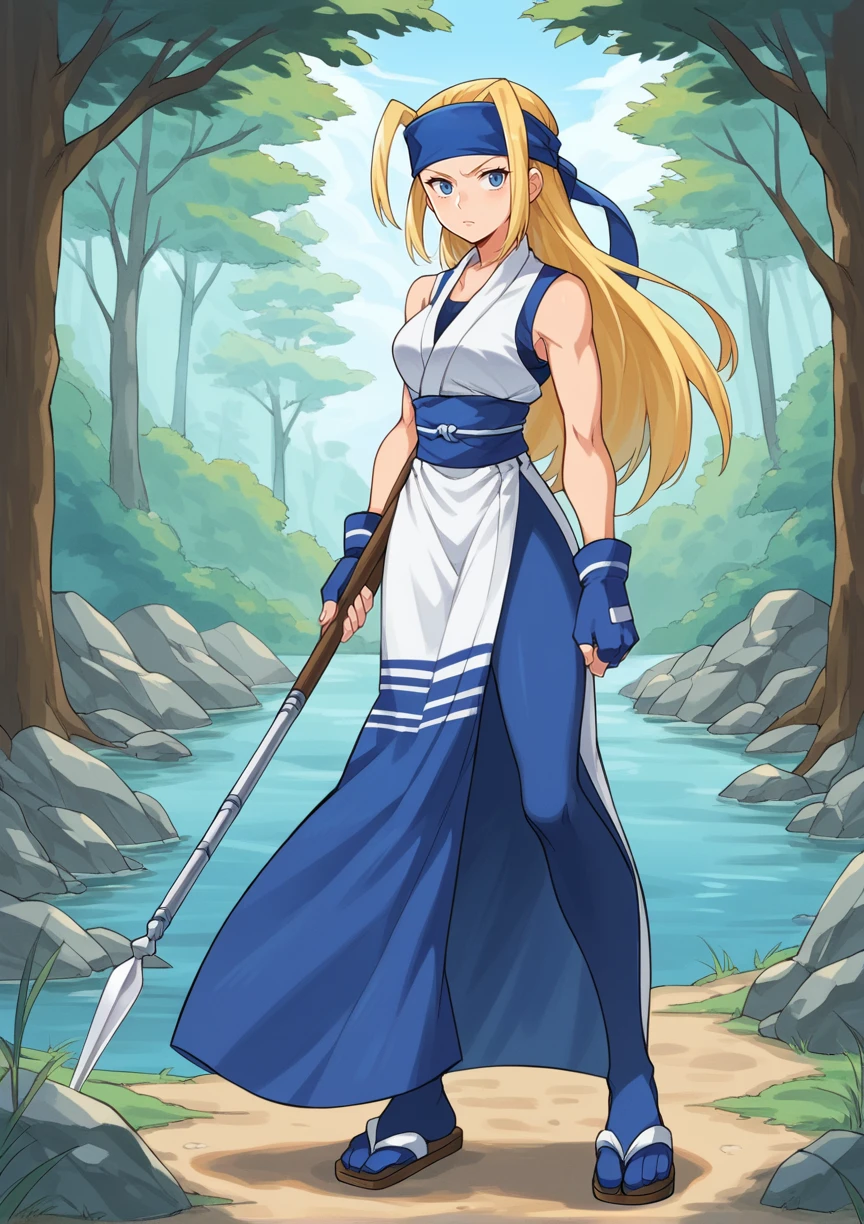 1girl, long hair, antenna hair, blonde hair, blue eyes, headband, japanese clothes, sleeveless, obi, fingerless gloves, side slit, blue pantyhose, rock, outdoors, forest, looking at viewer, serious, standing, holding polearm, spear <lora:Yuki_Last_Blade:1>, score_9, score_8_up, score_7_up, score_6_up, score_5_up, score_4_up, BREAK source_anime, masterpiece