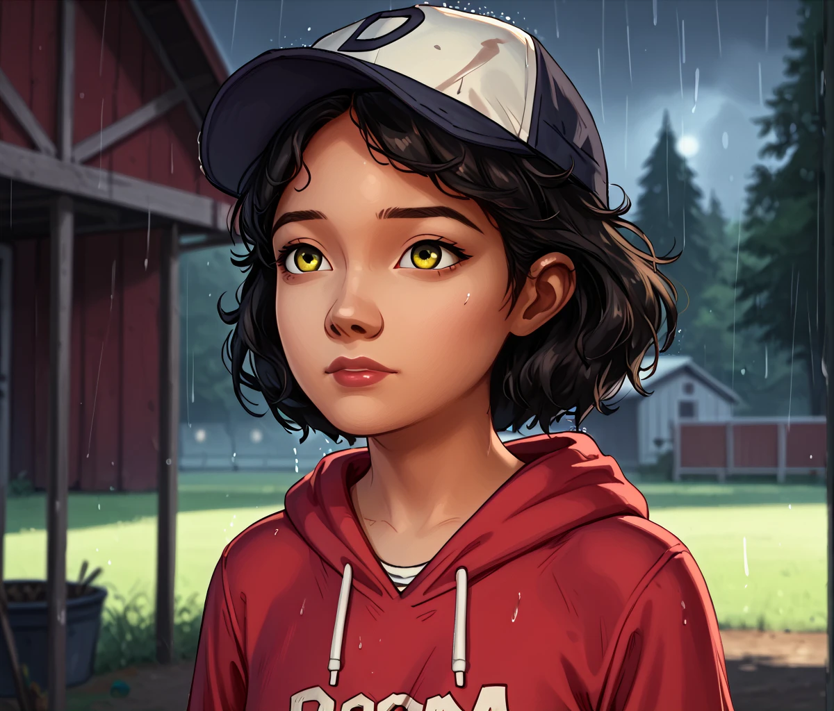 (score_9, score_8_up, score_7_up, score_6_up), clementine, telltale-style, twd, 1girl, hat, solo, dark skin, dark-skinned female, contour lines, baseball cap, quilt, barn interior, dress, black hair, hoodie, yellow eyes, outdoors, rain, storm, dark, dreary, doom and gloom, upper body, zPDXLrl <lora:Telltale_Walking_Dead_Clementine:1>