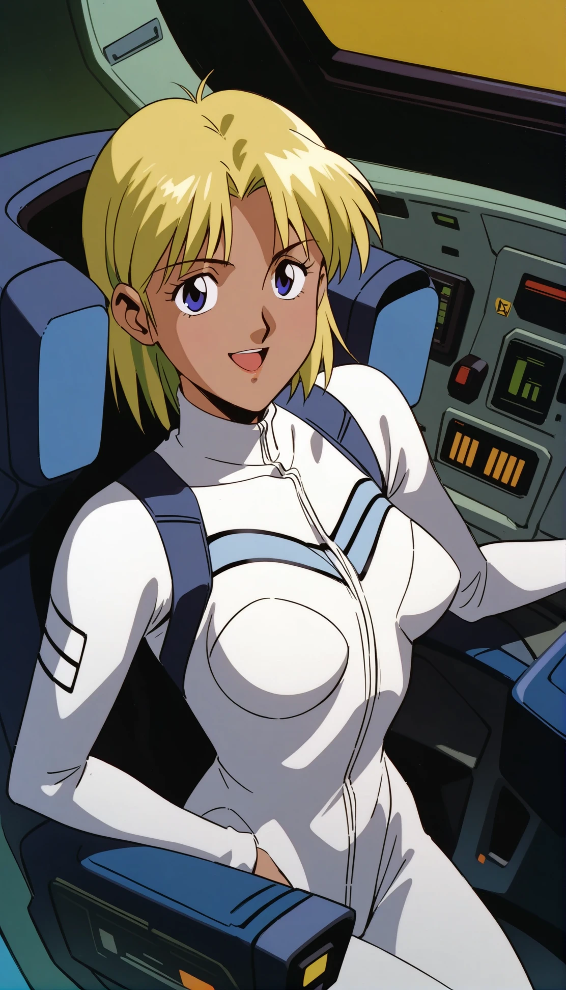 masterpiece,best quality,very aesthetic,absurdres,1990s \(style\),Electra XL,1girl,solo,cockpit,blonde hair,blue eyes,bodysuit,short hair,open mouth,solo,pilot suit,smile,breasts,sitting,White clothes,<lora:Electra XL:0.9>,cowboy shot,