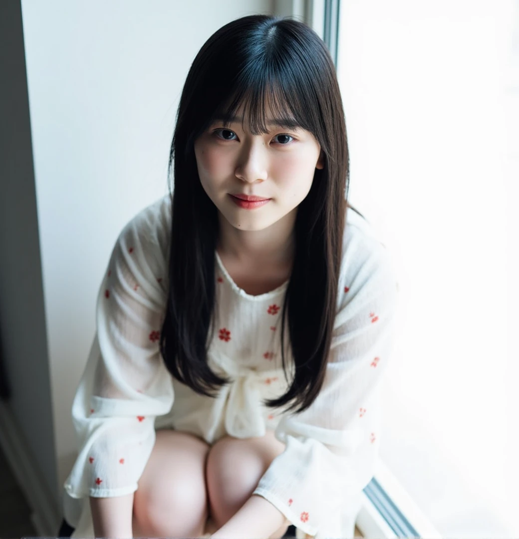 shizuki, The image is a portrait of a young woman with long dark hair and bangs. She is sitting on a window sill with her legs crossed and her hands resting on her knees. The woman is wearing a white blouse with red flowers on it. She has a serious expression on her face and is looking directly at the camera. The background is a plain white wall. The overall mood of the image is calm and serene.