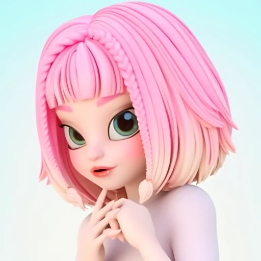 This is a digital 3D CGI image of a stylized, computer-generated illustration in a cartoonish, anime-inspired aesthetic. She has short, This is a digital CGI rendering of a young girl with a playful and expressive style. She has a bright pink, pastel pink hair styled in a bob cut with a slight wave, bob haircut featuring a gradient of pink and blonde hues. Her hair is styled in a straight, The image is a digital CGI rendering of a stylized