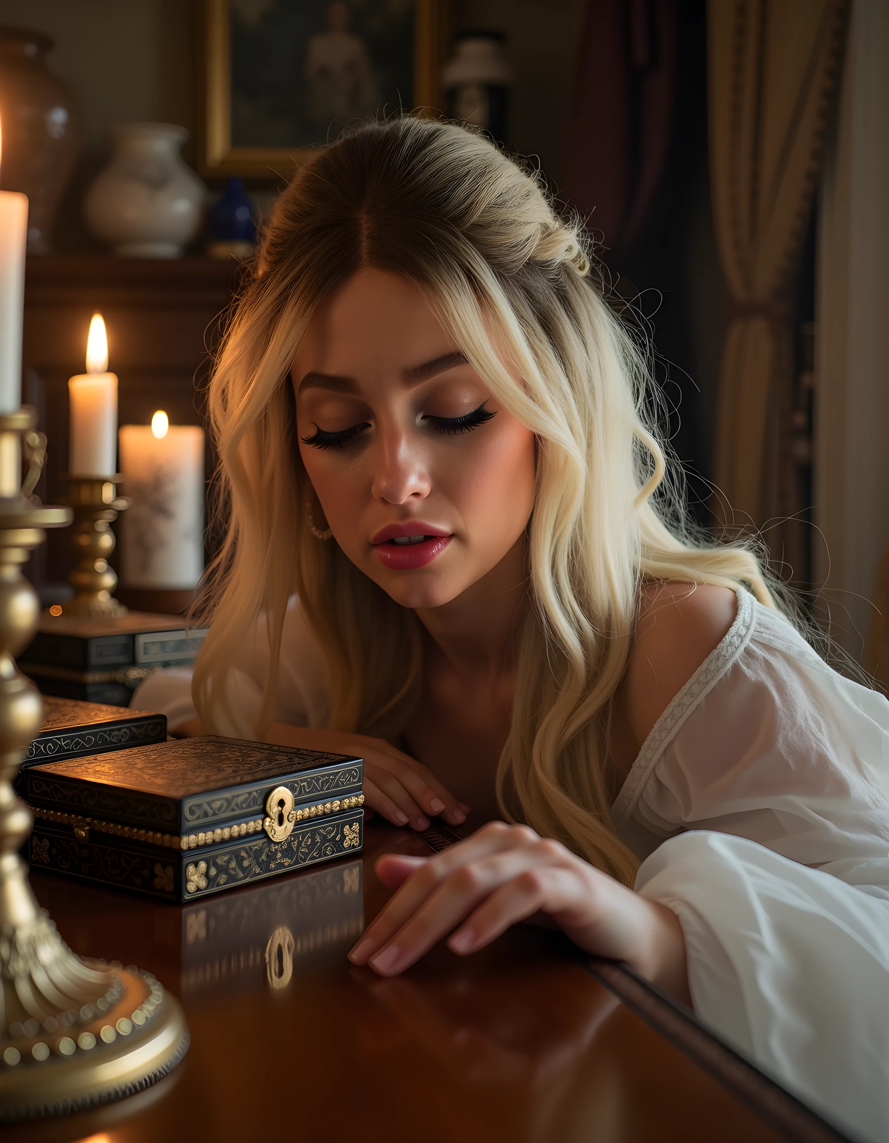 In a dimly lit, opulent Victorian-era study, the ethereal beauty D4ND is captured in a close-up image from an angled low perspective, her closed eyes softly framed by thick, cascading blonde curls that shimmer under a soft candlelight. Her full, lush lips are painted a deep crimson, accentuating her serene expression as she rests one hand on a polished mahogany desk adorned with intricate jewelry boxes and antique trinkets. The camera's focus draws the viewer into a surreal, dreamlike state, where time seems to stand still within the intimate embrace of this timeless, enchanting scene.