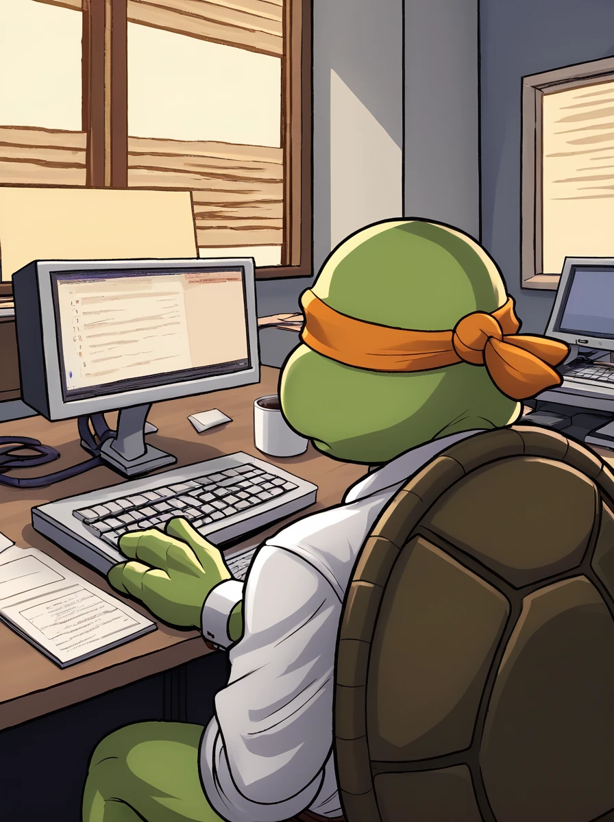 (tmnt),(Michelangelo:1.2),sitting at a desk,office,computer,coffee cup,keyboard \(computer\),mouse \(computer\),white dress shirt,office chair,fluorescent lighting,sterile,depressed, <lora:sdxlpony tmntsma v1:0.7>