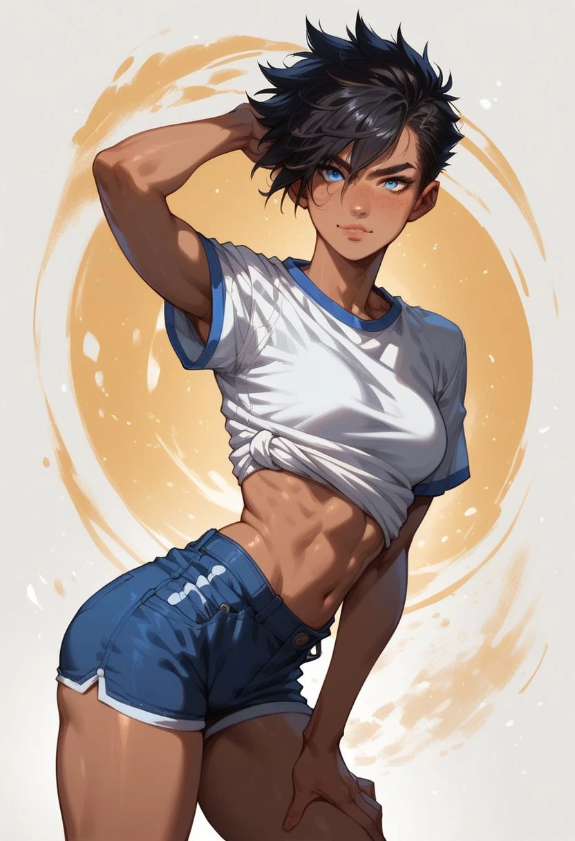 score_9, score_8_up, score_7_up, score_6_up, Rebecca, RebeccaRH , realistic, 1girl, cute face, tomboy, short black hair, blue eyes, [freckles], tanned skin, small perky breasts, fit, toned , perfect butt, abstract background, detailed background, posing, dynamic pose, standing up, cowboy shot, front view, oversized black t-shirt, shorts, sitting on ground