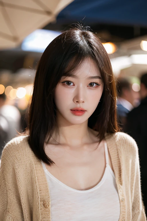 masterpiece, best quality, ultra-detailed, ultra high res, (photorealistic:1.4), raw photo, (realistic:0.2), 8k HDR, realistic lighting, looking at viewer, 1girl, solo, asymmetrical hair, bangs, outdoor, sky, (traditional market:1.2), bokeh, (detailed lips), (day), (detailed pores), (detailed skin textures), (detailed face:1.2), (body:1.2), cowboy shot, a woman portrait in a cardigan,