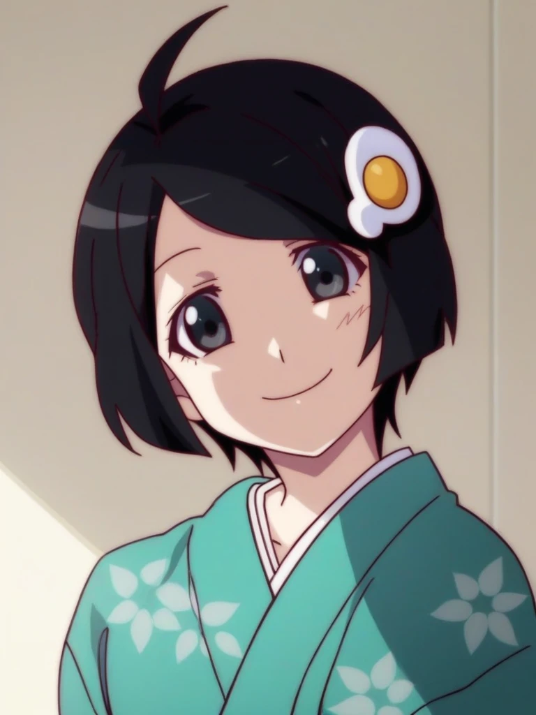 score_9, score_8_up, score_7_up, 
<lora:Araragi_TsukihiXL2:1>,
1girl, araragi tsukihi, black hair, black eyes, short hair, bob cut, egg hair ornament, food-themed hair ornament, ahoge,
cyan kimono, floral print kimono, floral print, 
upper body,
looking at viewer, smile, head tilt