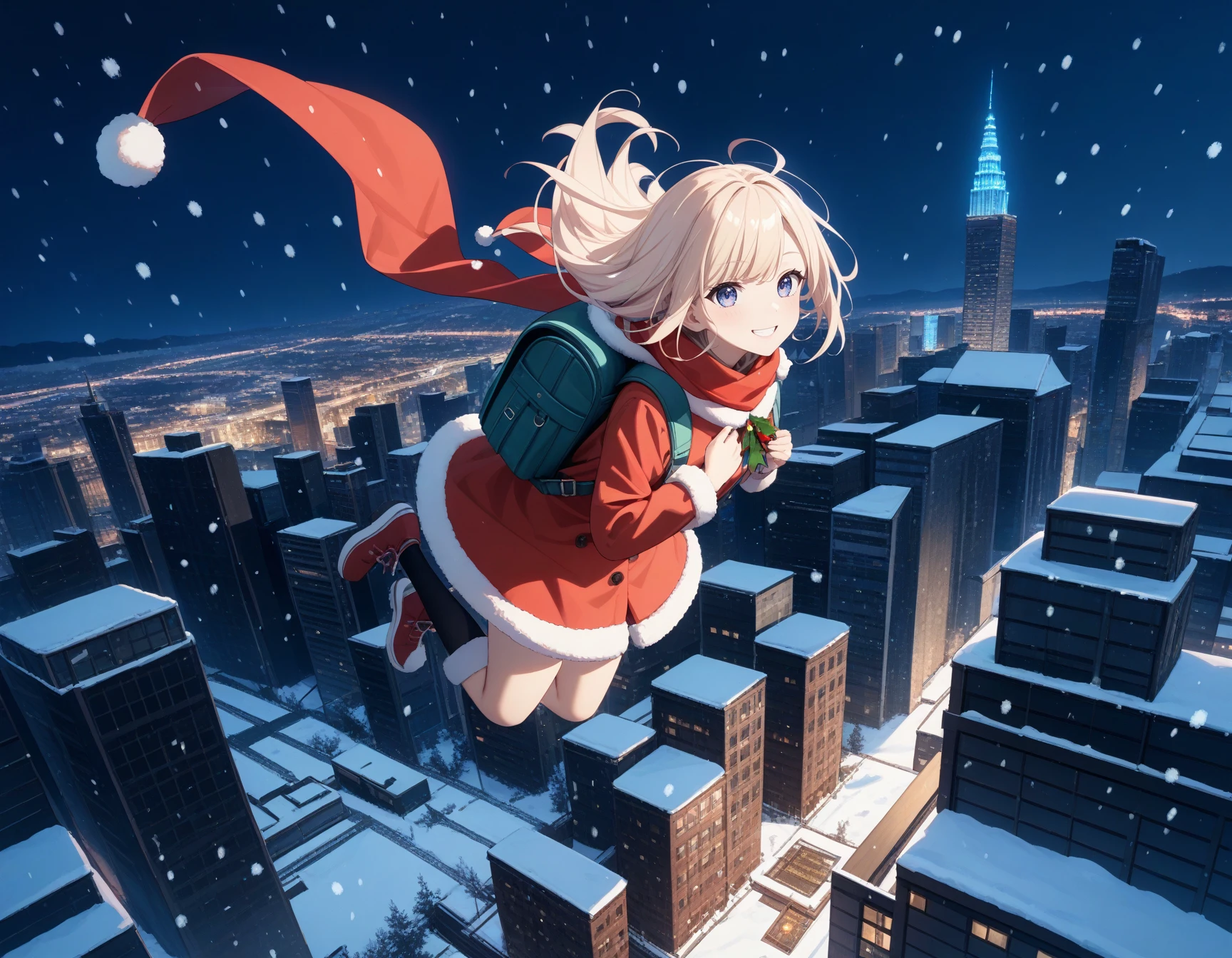 masterpiece,best_quality,
BREAK
1girl,
smile,
floating_hair,
santa_costume,
scarf,
backpack,
fur-trimmed_coat,
jumping,
from_above,
cityscape,
snowing,
night,