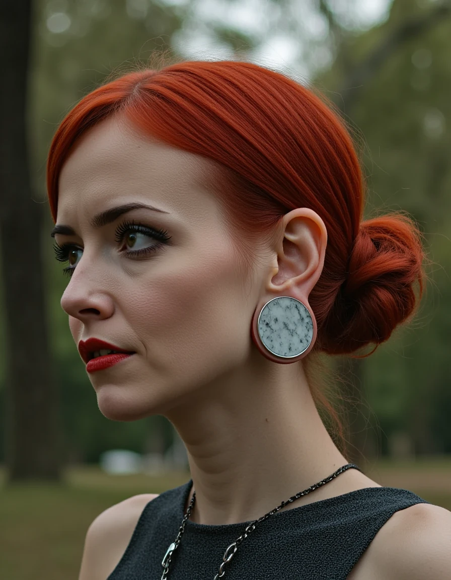 a woman head with a  sliver huge Ear Plug , the plug is huge  and made out of marble, red hair,  she is sitting in the park <lora:BigStretchedEarPlug:1.2>