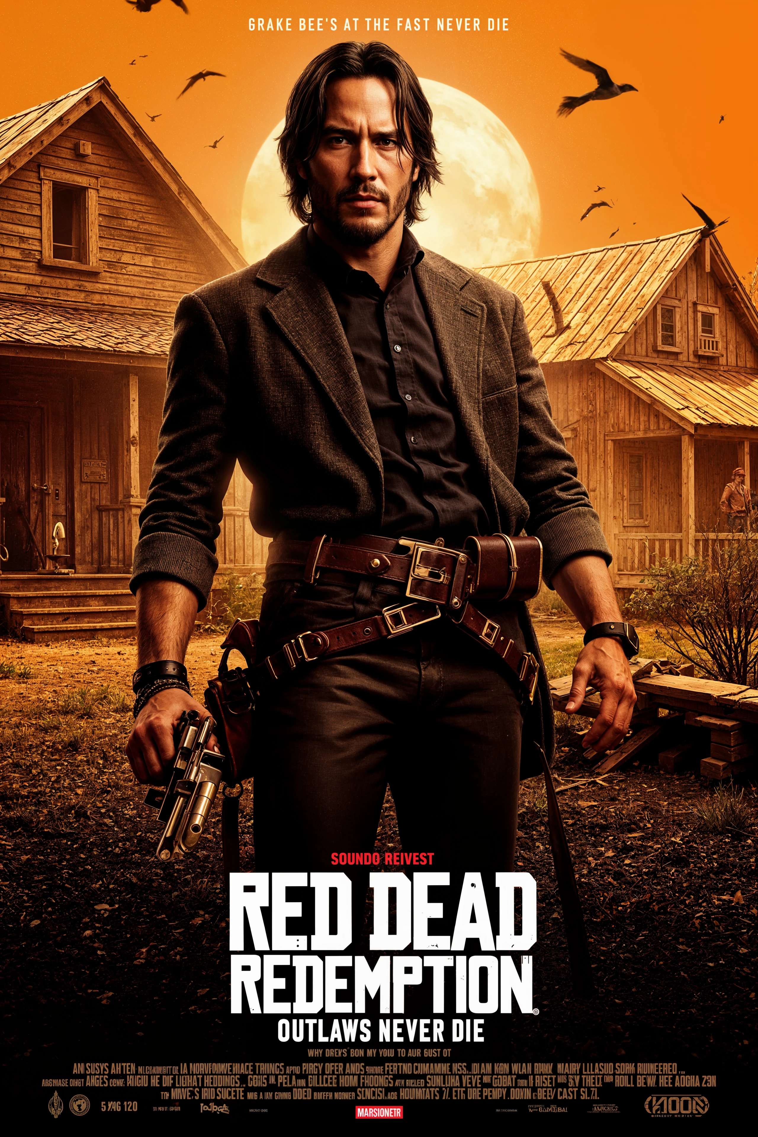 A realistic movie poster in the style of MV144, featuring title text 'Red Dead Redemption' and subtitle text 'Outlaws Never Die'. The central figure is Keanu Reeves as a grizzled outlaw, standing in the shadows of a crumbling homestead, holding a rusted revolver loosely at his side. Keanu's face is weathered, haunted by the ghosts of his past. In the background, the faint silhouettes of his family appear, barely visible through the dust storm, representing the past he is struggling to reclaim.

The scene is set in the vast, arid American frontier, where tumbleweeds roll across a dry, cracked landscape. The setting sun casts an orange glow over the horizon, with long shadows stretching toward the figure. The mood is one of desperation and reflection, emphasizing his inner conflict between his violent outlaw past and the peaceful future he dreams of but can't quite grasp. The poster focuses on the untold story of his struggle to truly escape his past. Keanu Reeves Style.