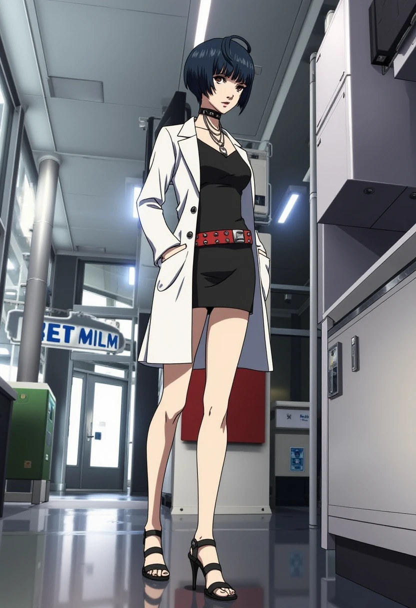 Anime style, sharp, high contrast and highly detailed. Ghibli anime style. Perfect anatomy. Perfect body ratio. No oversized head. No blurry, out of focus pictures. No simple background, no single color background.
takemi_tae is standing in the lobby  of a modern hospital. She is wearing a white lab coat over a sleek black dress. The character has a confident and assertive pose, with hands in the pocket. Her attire is accessorized with a choker, layered necklaces, and a red belt with silver studs, adding an edgy and rebellious flair to her look. She is also wearing high-heeled, strappy black sandals, emphasizing her bold and modern style. The character's intense gaze and professional outfit suggest a medical or scientific background, while her overall appearance exudes a strong and unique personality.
 <lora:Tae Takemi_epoch_5:1>