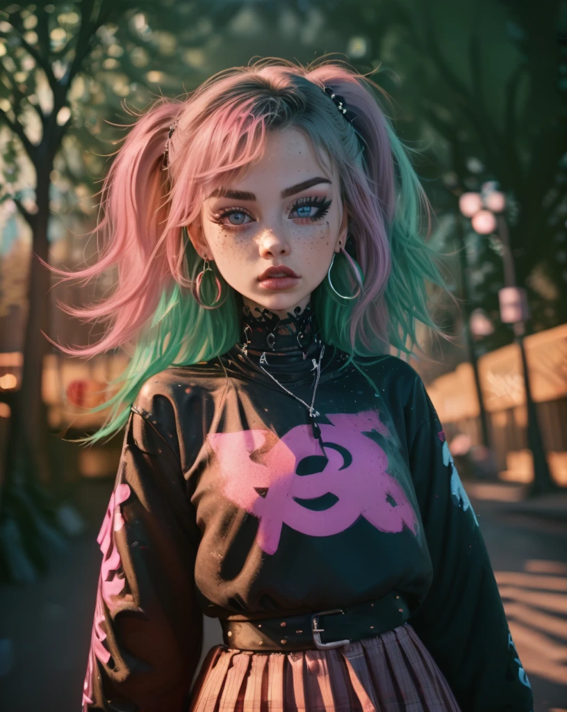 1girl, belt, chain-link fence, earrings, eyeshadow, graffiti, holding instrument, instrument, long hair, makeup, mole, piercing, pink hair, purple eyes, skirt, solo, staff \(music\), star \(symbol\), starry sky, tattoo, tree
<lora:Street_Art_Portrait:0.9>  (street_art_portrait:1.5)
 <lora:LCM_LoRA_Weights_SD15:1>