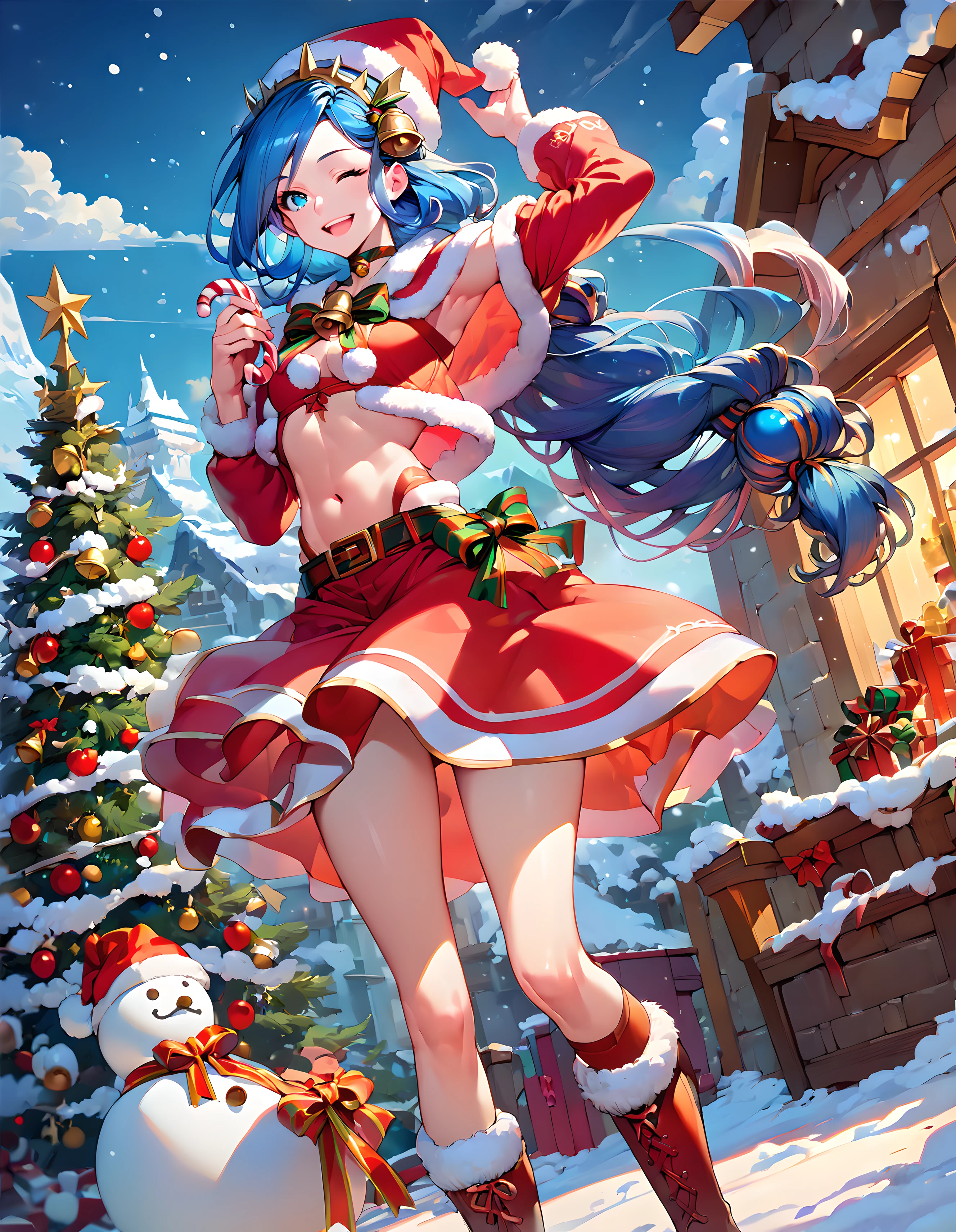 <lora:pony_xl_dana:0.9>,dana,score_9,score_8_up,score_7_up,source_anime,1girl,solo,smile,;d,open mouth,one-eyed wink,santa costume,bow,santa hat,choker,midriff,long sleeves,fur trim,navel,red skirt,red footwear,santa boots,fur-trimmed boots,knee boots,standing,standing on one leg,christmas,snow,bell,candy,gift,gift box,snowman,candy cane,christmas ornaments,cowboy_shot,