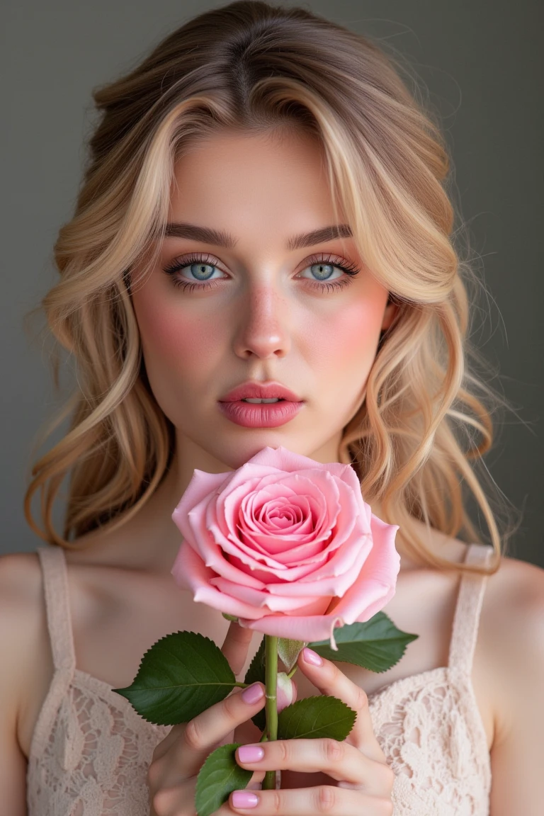 flower, solo, rose, 1girl, realistic, blue eyes, pink flower, pink rose, holding, looking at viewer