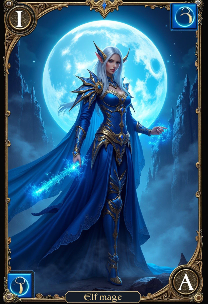 Tr4dingcard, a trading card of an elf mage titled "Elf mage" blue theme with gold stylings