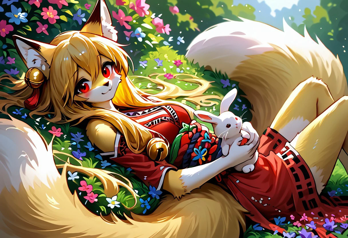 1girl, tail raised, furry female, fox tail, smile, long hair, hair bell, only furry, furry girl, animal ears, 1tail, fluffy tail, smile, red eyes,  score_9, score_8_up, score_7_up, solo, (anthro), masterpiece, (fluttershy), detailed background, upright, seated, framed in flowers, circuitry in background, yellow hair, looking at viewer, many flowers in hair, holding rabbit, white rabbit, yellow body, (lying in flowers), butterfly, small breasts,  joyful, light smile,