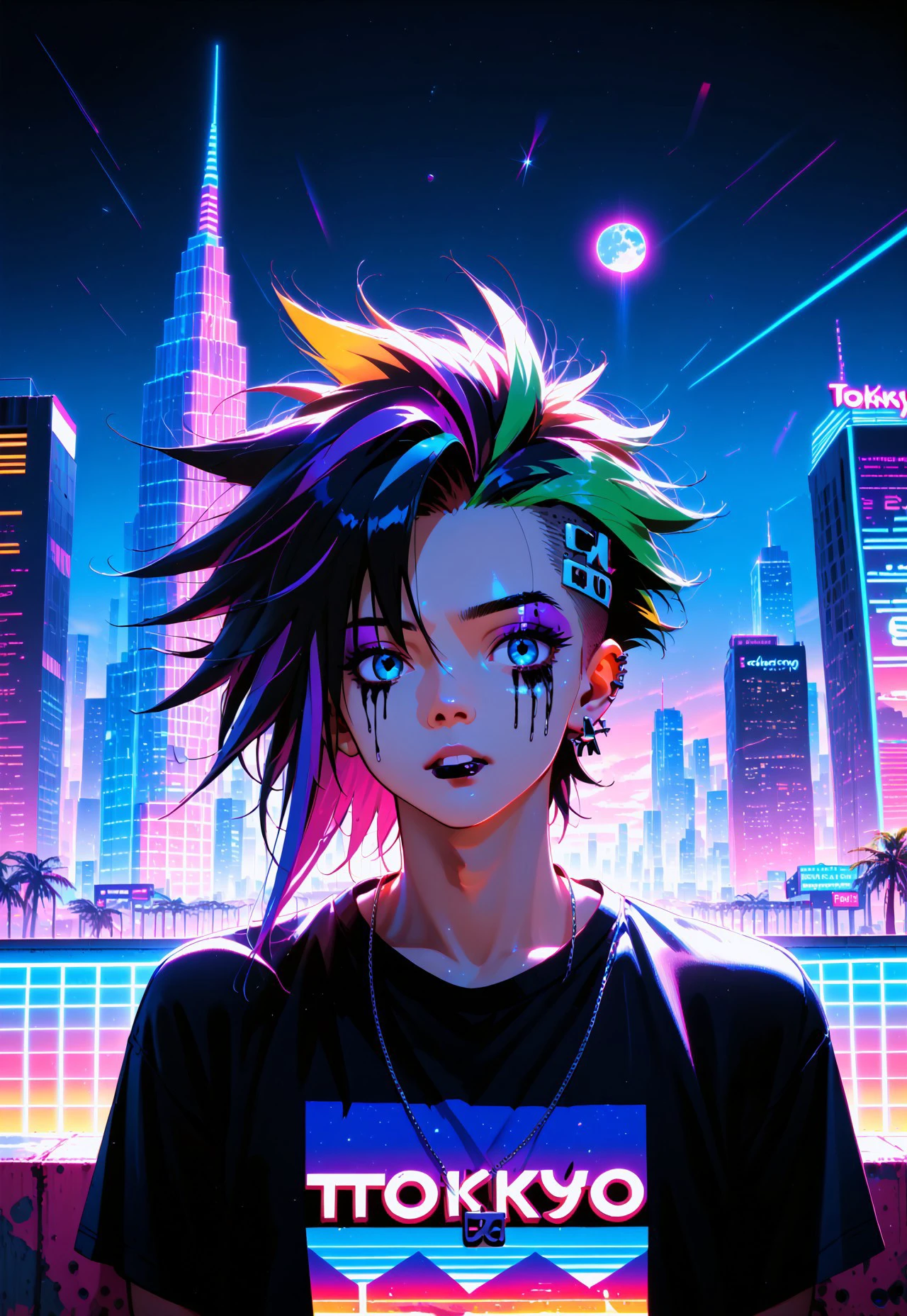 dsk_fantastical_art, femboy in a long tshirt,  punk makeup, digital illustration, 90s,  tokyo sunset,rending on arstation, synthwave, city punk, vivid colors, rim lighting, BREAK PonyXLV6_Scores