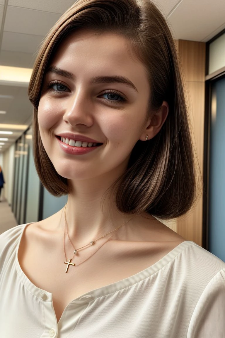 European woman, closeup, (shirt), pants, (office lobby), cross necklace , smiling , ZM_cathy, wide shoulders, perfect face, (contact iris: 1.1), pale skin, skin pores , depth of field