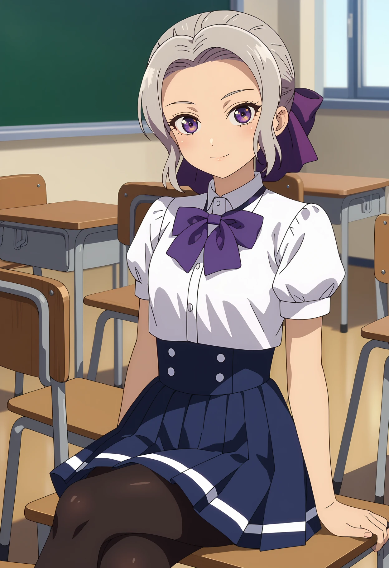 score_7_up, anime screencap, anime coloring,
<lora:KanojoMoKanojo_KiryuuShinoXL:0.9>,
1girl, solo, closed mouth, light smile, head tilt,
short hair, grey hair, parted bangs, purple eyes, hair bow, purple bow,
ShinoSchool, white shirt, purple bowtie, puffy short sleeves, high-waist skirt, pleated skirt, blue skirt, black pantyhose,
arms at sides, sitting, crossed legs, looking at viewer, cowboy shot,
blurry background, indoors, classroom