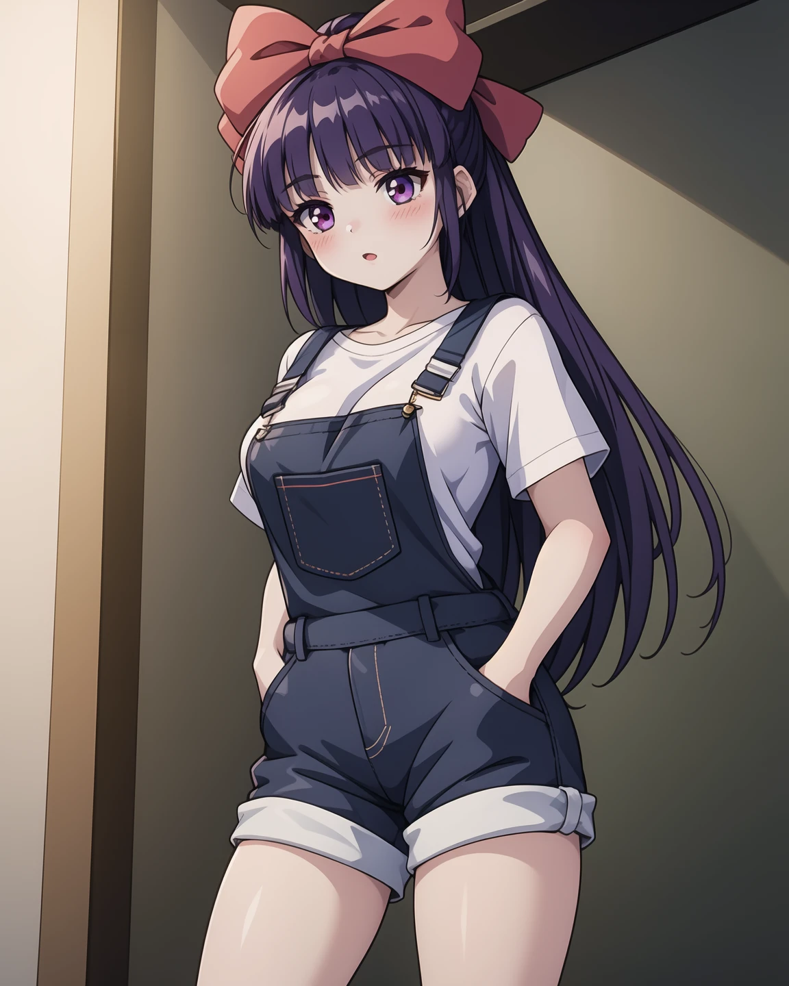 (masterpiece:1.2),best quality,highres,extremely detailed CG,perfect lighting,4k,anime,1girl,solo,hair bow,red_bow,purple hair,long hair,blush,<lora:Overalls:0.9>,<lora:cgmiko100:0.5>,overalls,shorts,medium breasts,(white_shirt:1.2),hand_in_pocket,<lora:more_details:0.3>,