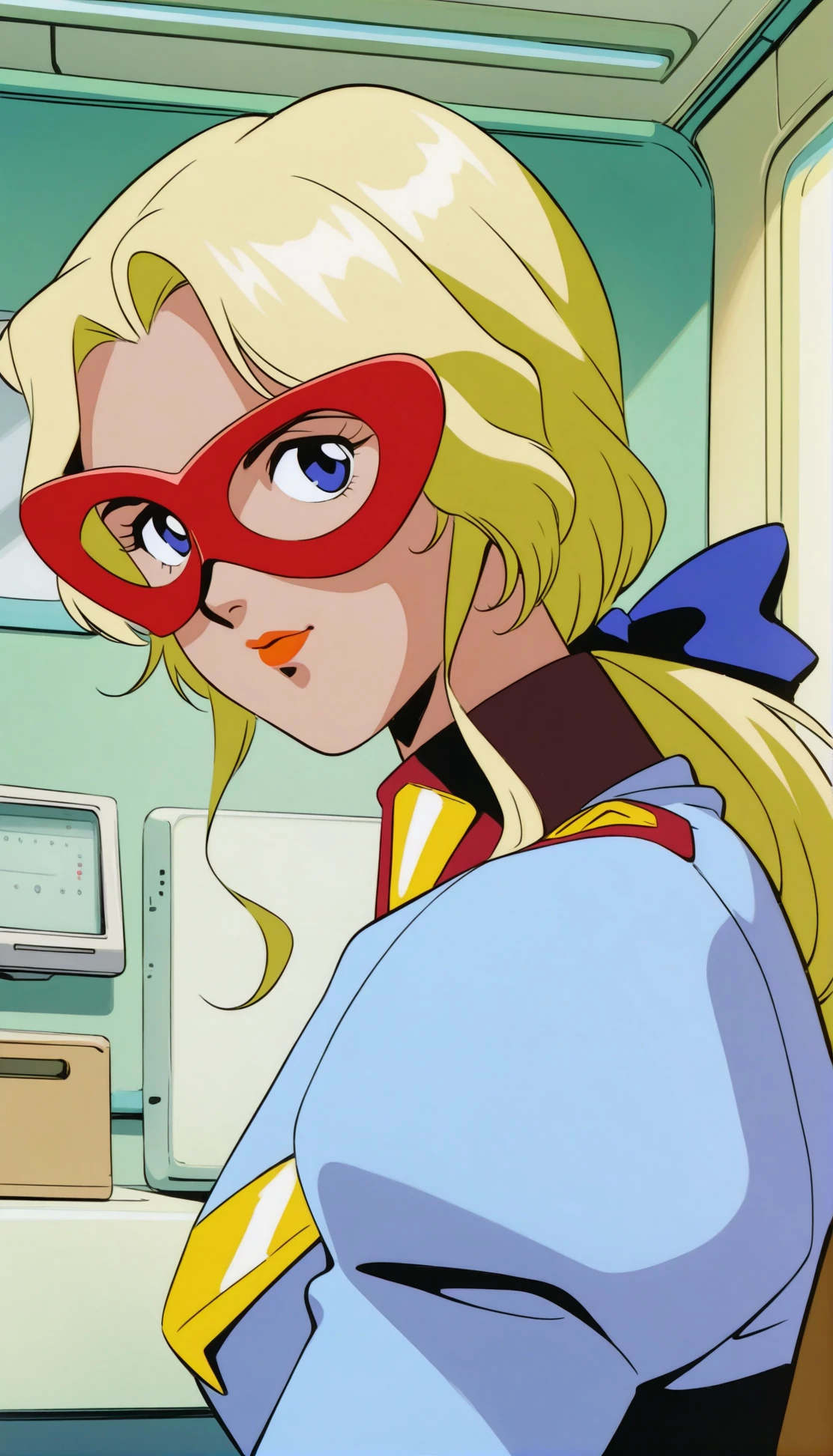 masterpiece,best quality,very aesthetic,absurdres,1990s \(style\),Electra XL,1girl,solo,blonde hair,blue eyes,Yellow eyebrows,uniform,long hair,pony-tail,lipstick,military uniform,military,lips,makeup,hair bow,upper body,Light blue clothes,mask,retro artstyle,parody,<lora:Electra XL:0.9>,looking at viewer,infirmary,sitting,