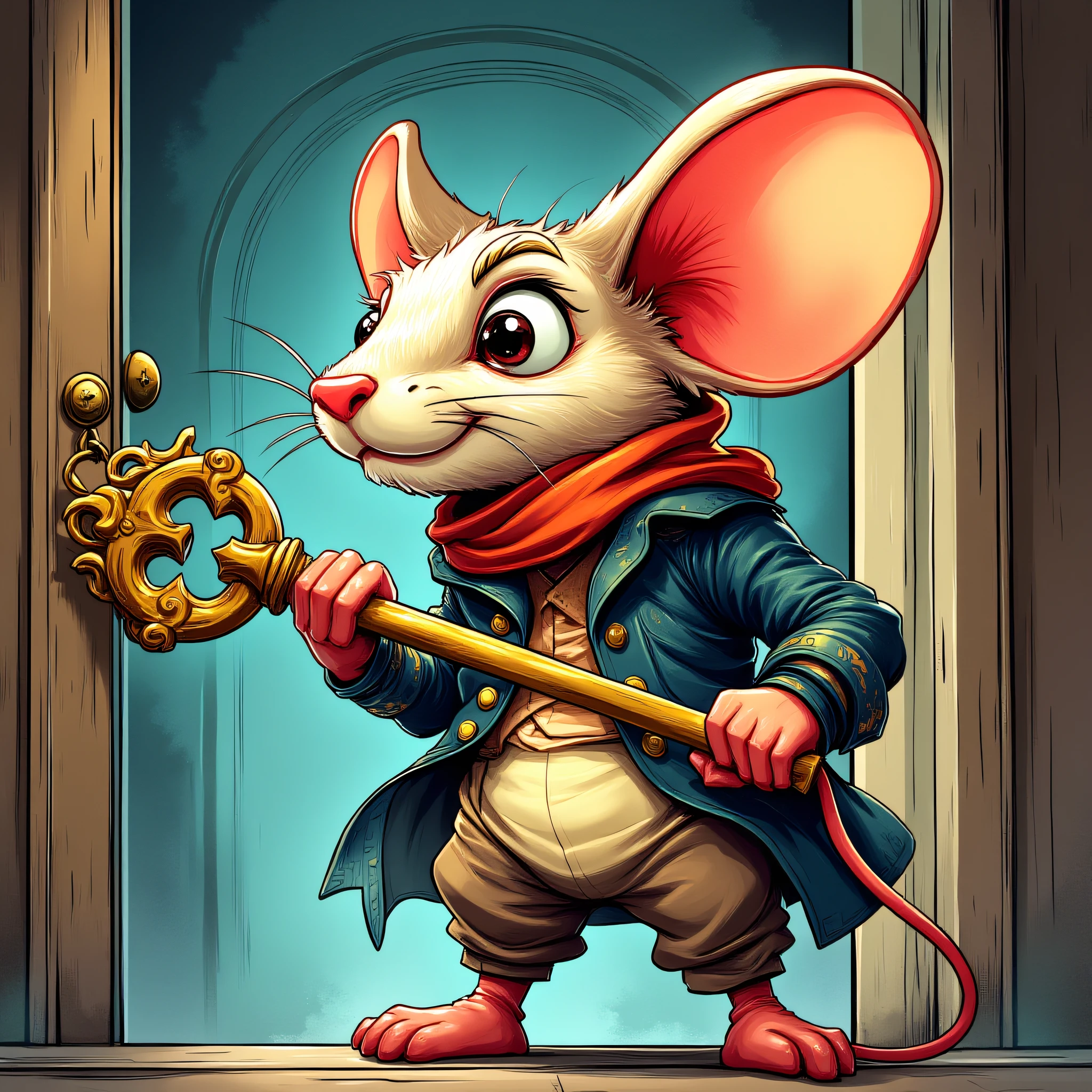 ArsMJStyle, DnDBWIllustration,Create an illustration of a cartoonish humanoid mouse, dressed in clothing, holding an enormous key, the same height as the mouse. Behind the mouse, there is an open door. Key elements to focus on are the mouse holding the enormous key; both the mouse and the key should be clearly visible. The illustration should be in a magical, fairy tale style, inspired by the painting style of Russian artists.