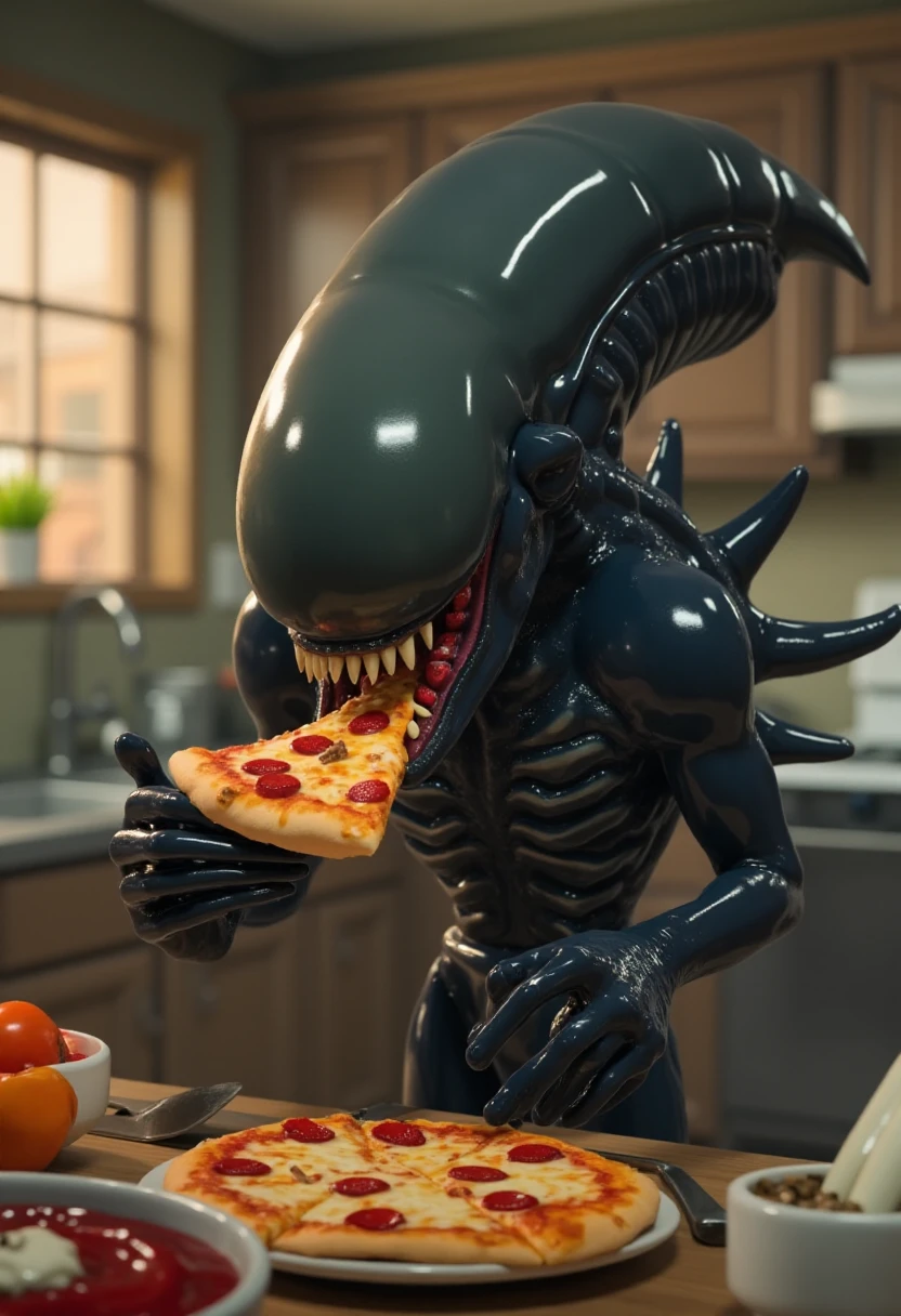 splatoonstyle, a black Xenomorph eating pizza in the kitchen. <lora:Splatoon_Style_F1D-000015:0.7>