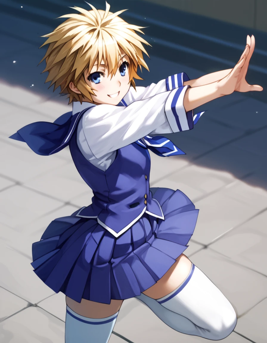 Kuno, short hair, blue eyes, blonde hair, school uniform, white thighhighs, zettai ryouiki, score_9, score_8_up, score_7_up, score_6_up, score_5_up, score_4_up, source_anime  ,<lora:SekireiSet2:1>, soft smile, dynamic pose,