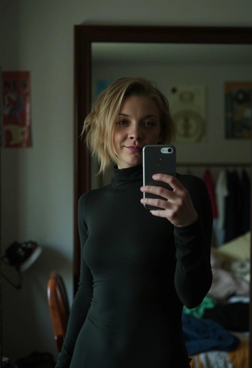 Natalie Dormer stands in front of a large mirror, holding an iPhone 7, taking a casual selfie. She’s wearing a tight high-neck shirt, with her short, messy hair slightly covering one eye. The lighting is soft and dim, giving a cozy, intimate vibe. Her expression is relaxed, with a hint of a smirk. The background includes a cluttered bedroom with posters on the wall and clothes scattered around, emphasizing a laid-back, authentic atmosphere. The iPhone 7 screen is slightly visible in the mirror reflection