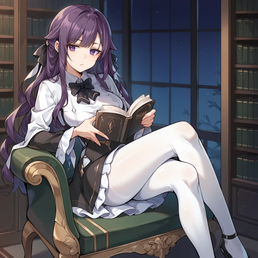 score_9_up, score_8_up, score_7_up, source_anime, masterpiece, best quality, 1girl, solo, KafkaHi3, bookshelves, dimmed light, night time, library, sitting on couch, crossed legs, black footwear, high heels, looking at book, holding book, reading, bored, head rest, purple eyes, purple hair, long hair, hair ornament, white dress, black dress, collared dress, white shirt, collared shirt, black corset, two-tone sleeves, white sleeves, black sleeves, frilled skirt, white skirt, black skirt, frilled necktie, black necktie, black bowtie, white pantyhose, pleated sleeves, ribbon, mature body, dynamic cowboy shot, indoors, library background